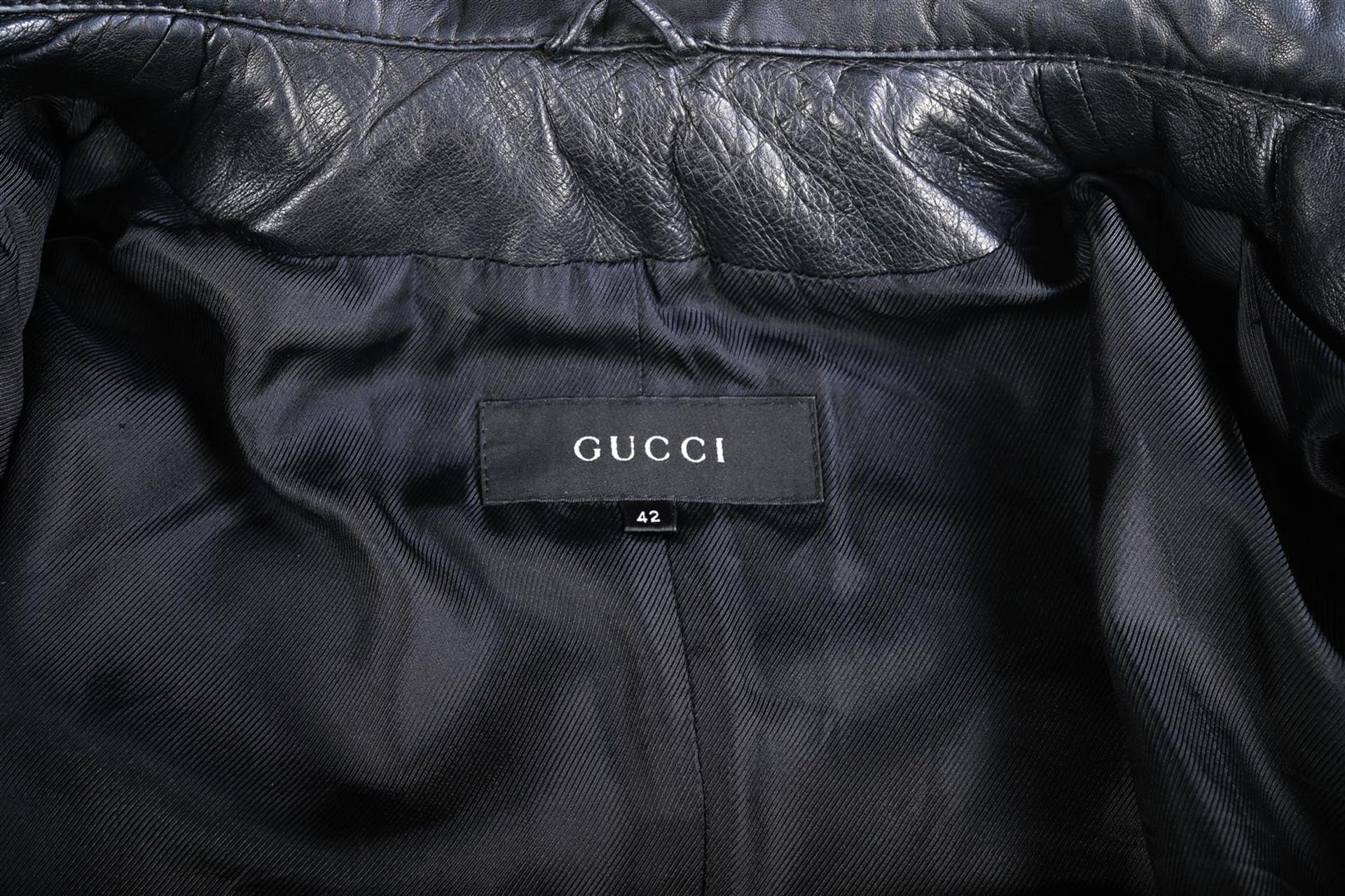 Gucci, black leather coat, with four zipped pockets and silk lining. Size: 42 It. - Image 3 of 3