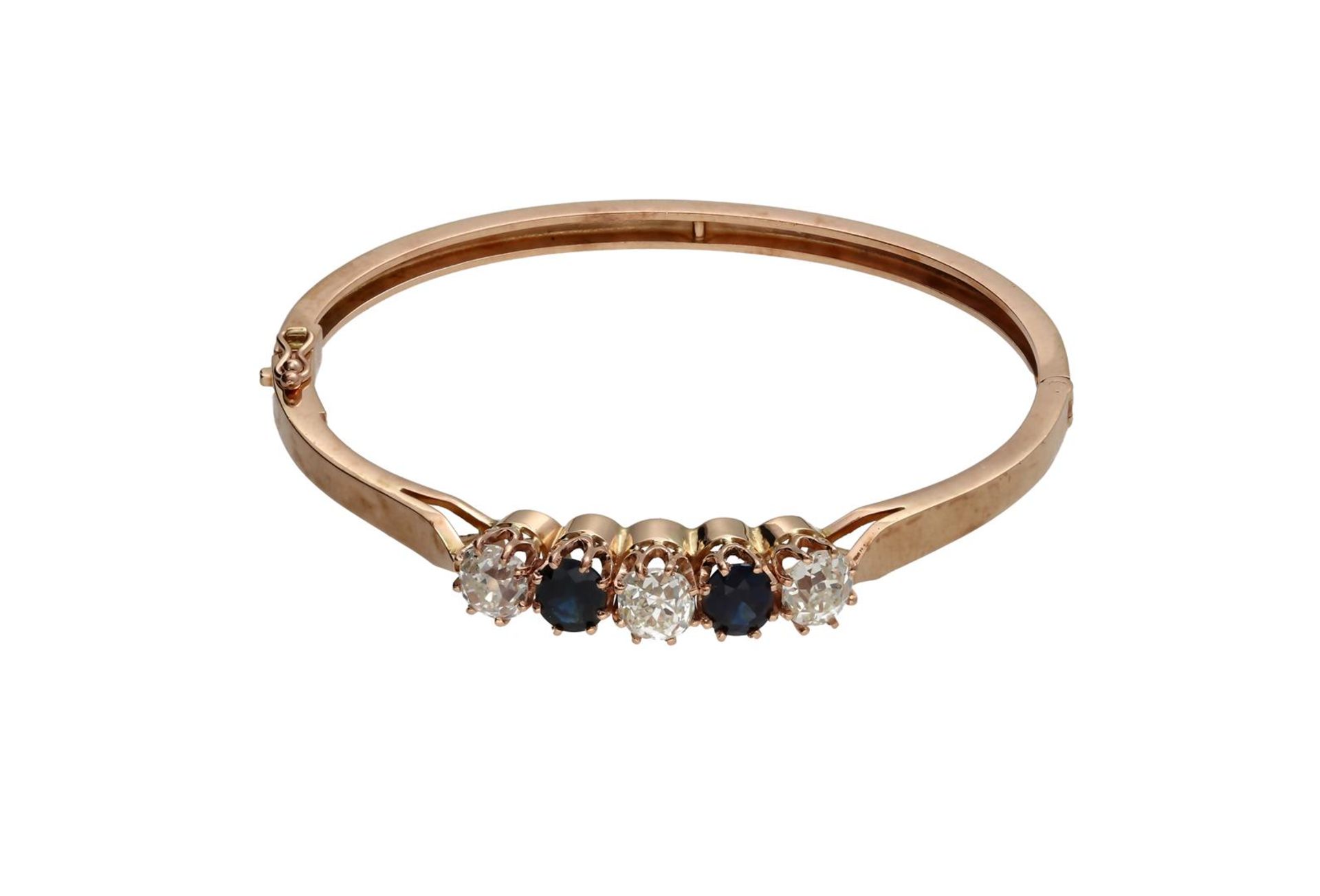 A rose gold hinged bracelet, set with three european old cut diamonds, each approx. 0.70 ct., K-L, v - Bild 2 aus 3