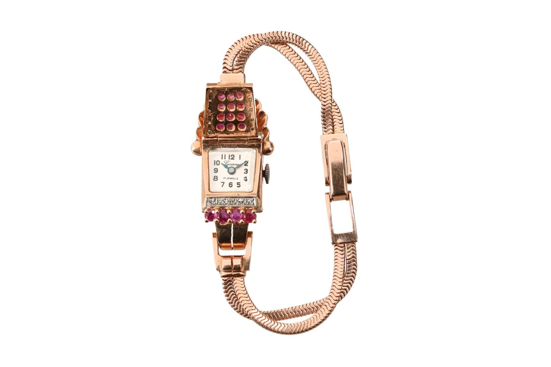 A Lucerne retro 14-kt rose and white gold ladies cocktail watch, set with pink sapphires, in total a - Image 6 of 7