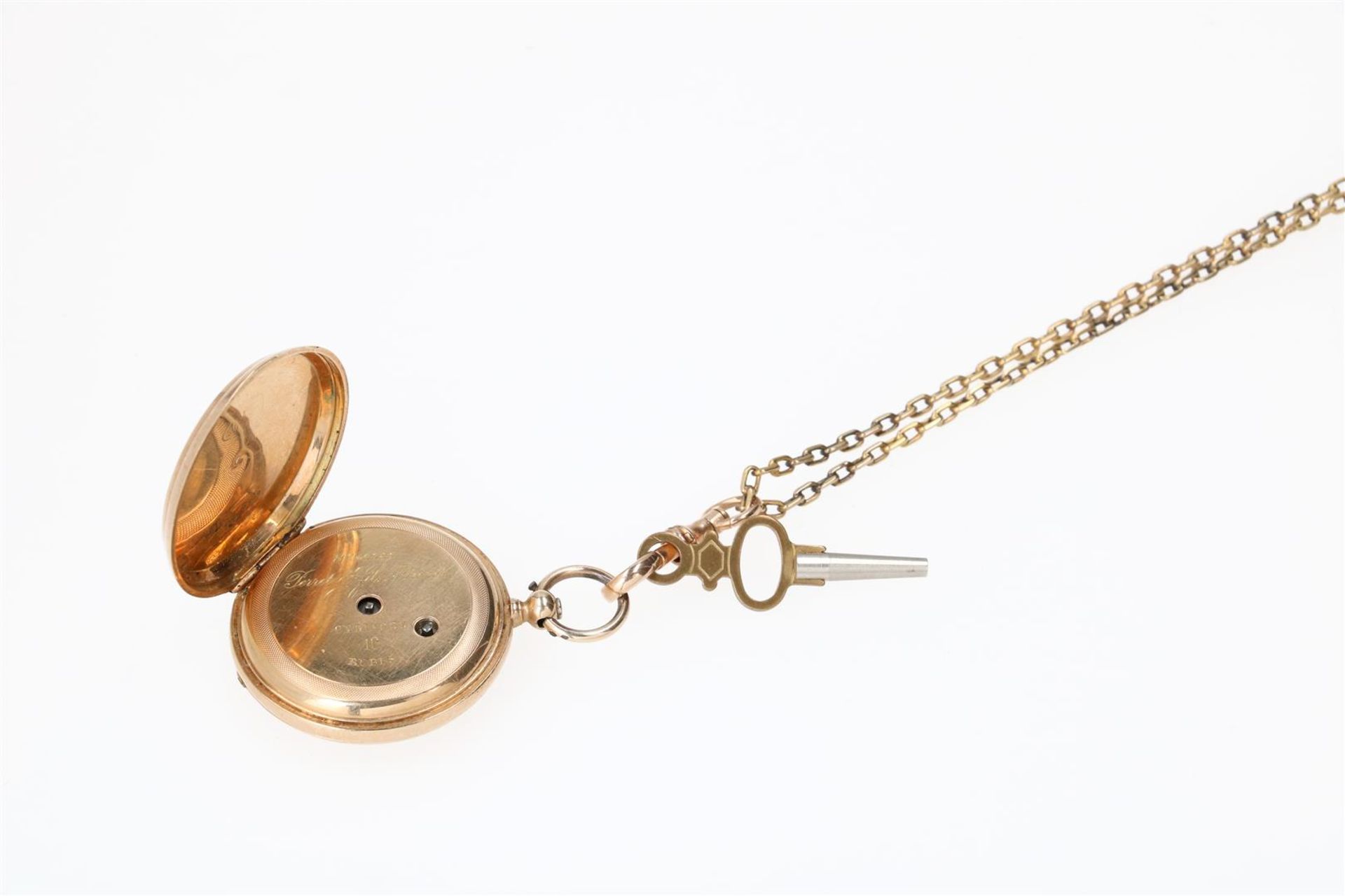 A 14-kt gold ladies remontoir pocket watch on a gold chain, Peret et fils, the engraved case with mo - Image 5 of 9