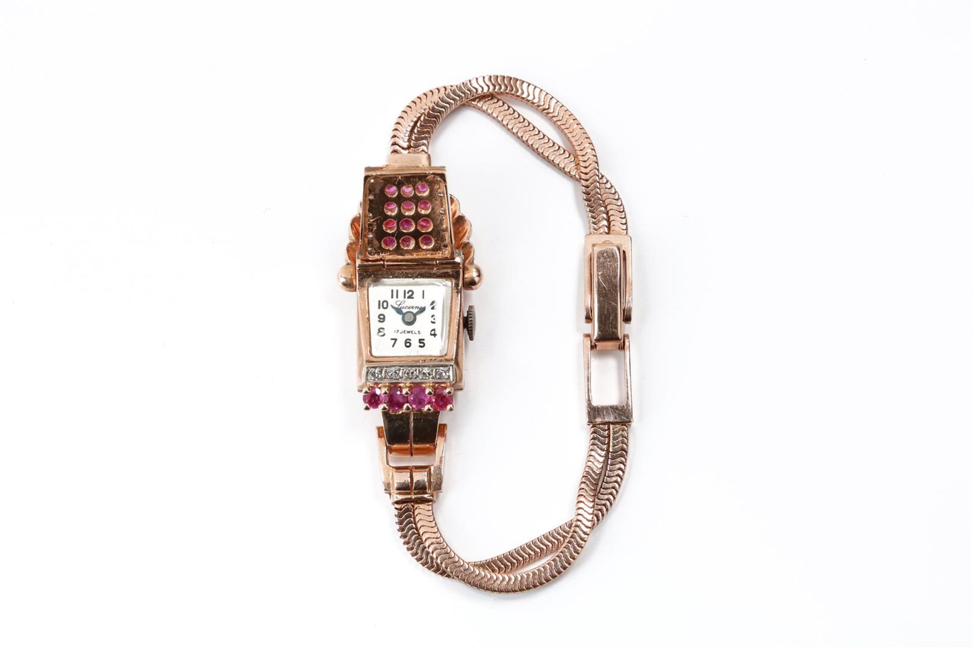 A Lucerne retro 14-kt rose and white gold ladies cocktail watch, set with pink sapphires, in total a - Image 5 of 7