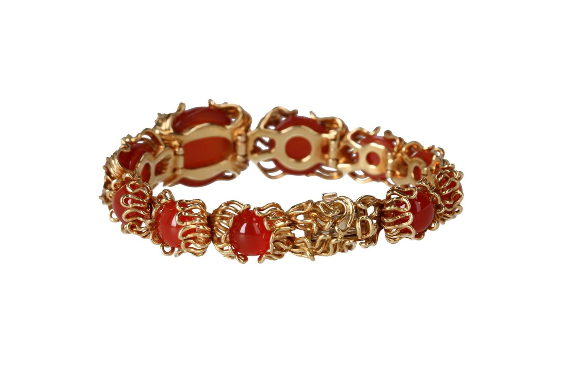 An 18-kt gold bracelet, set with carnelian cabochons and brilliant cut diamonds, in total approx. 0. - Image 2 of 3
