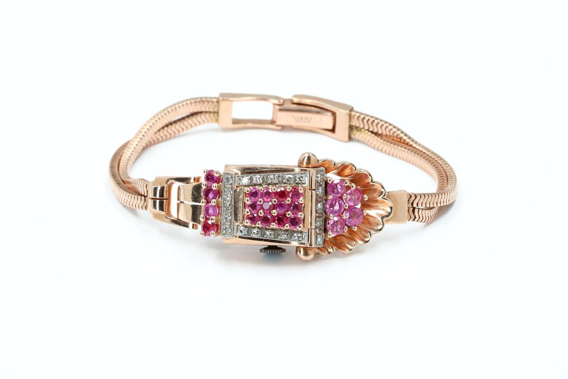 A Lucerne retro 14-kt rose and white gold ladies cocktail watch, set with pink sapphires, in total a - Image 3 of 7