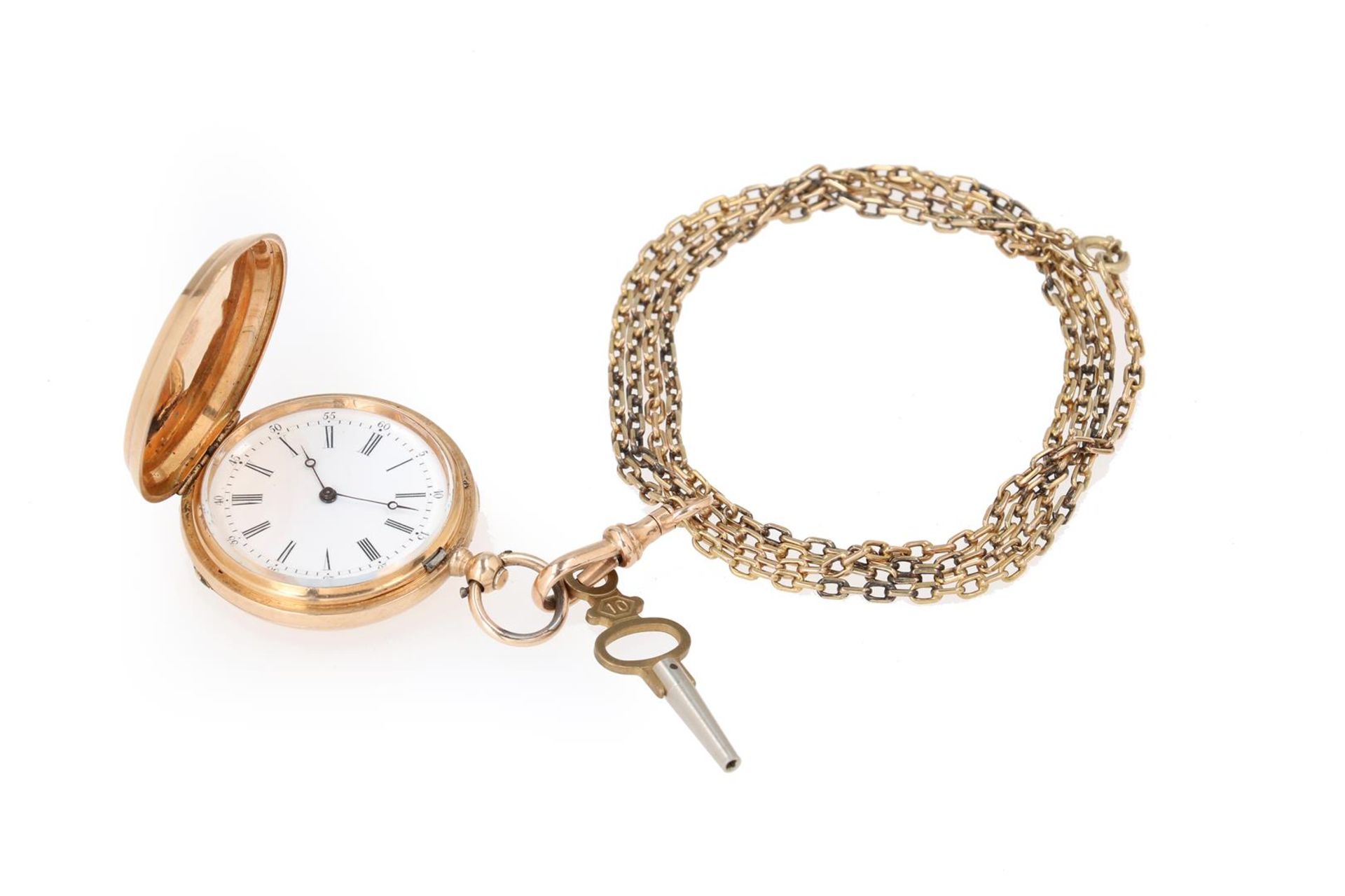 A 14-kt gold ladies remontoir pocket watch on a gold chain, Peret et fils, the engraved case with mo - Image 3 of 9