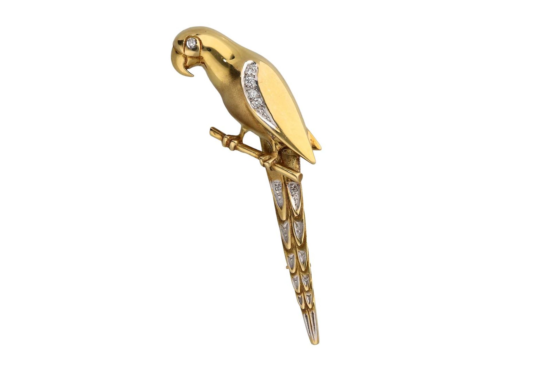 An 18-kt white and yellow gold novelty parrot brooch, set with brilliant cut diamonds, in total appr