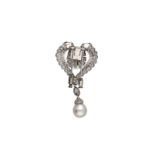 A platinum heart shaped brooch or pearl necklace clip, set with diamonds and a cultured pearl pendan