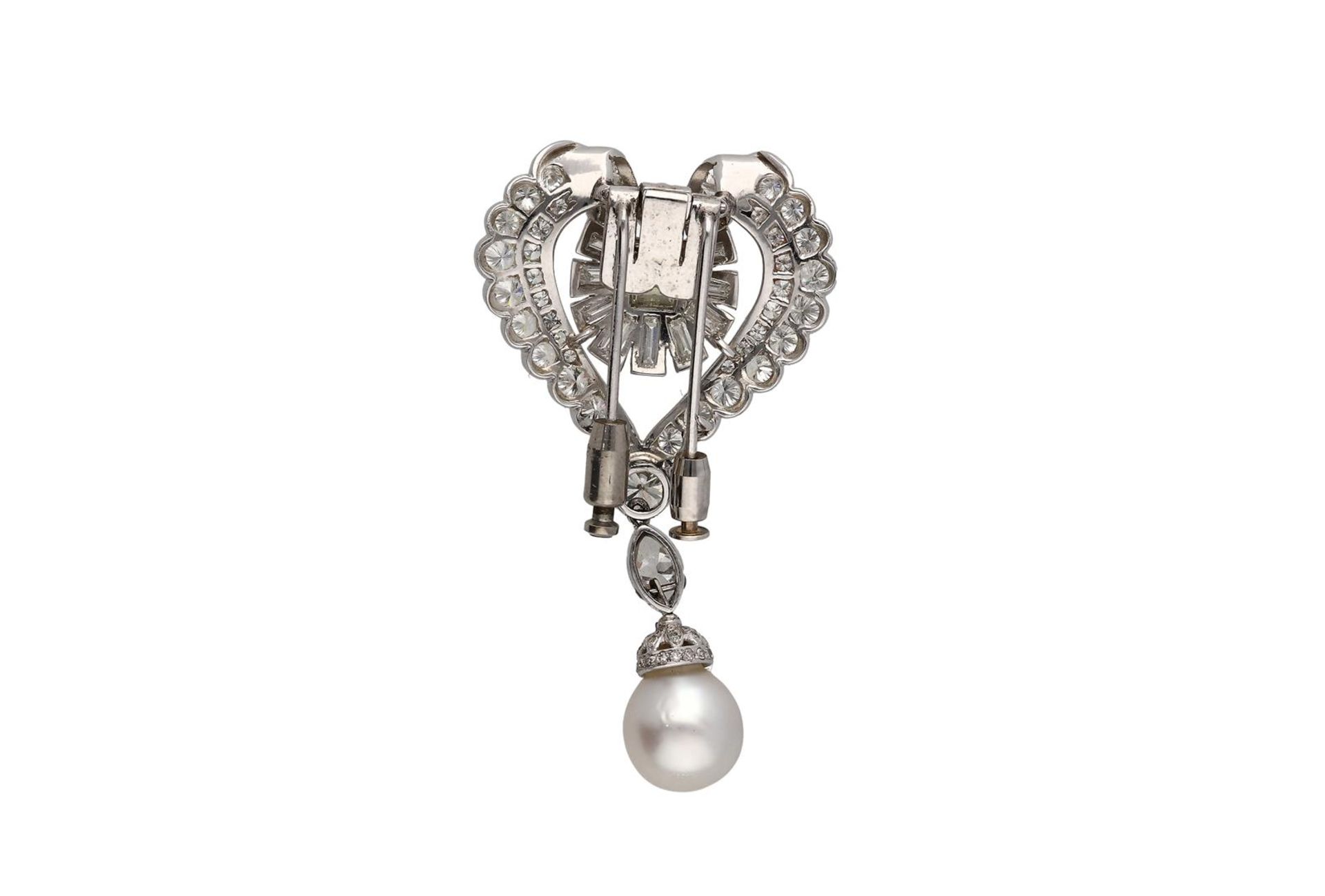 A platinum heart shaped brooch or pearl necklace clip, set with diamonds and a cultured pearl pendan