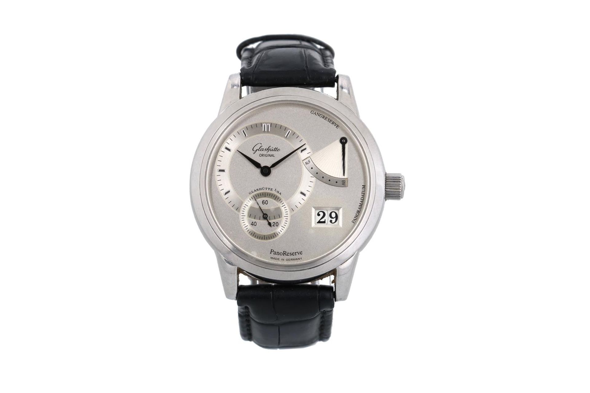 Glashutte Original, steel gentlemans watch, 'Panoreserve', with a silver part satinated two tone dia