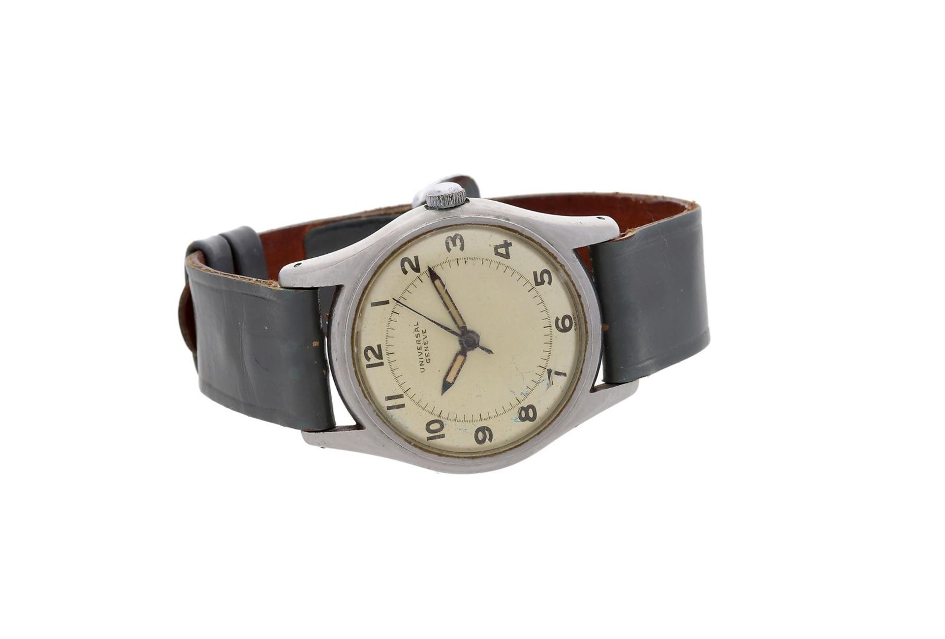 A Universal Geneve  stainless steel wristwatch, ref. 20514, with manual movement on a grey leather s