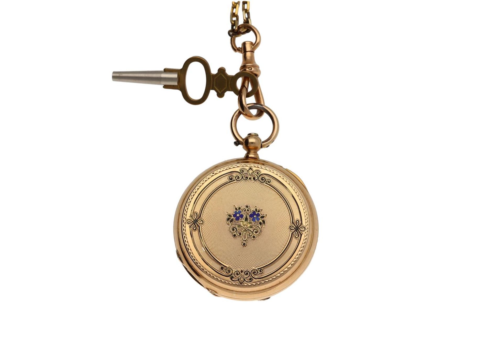 A 14-kt gold ladies remontoir pocket watch on a gold chain, Peret et fils, the engraved case with mo - Image 8 of 9