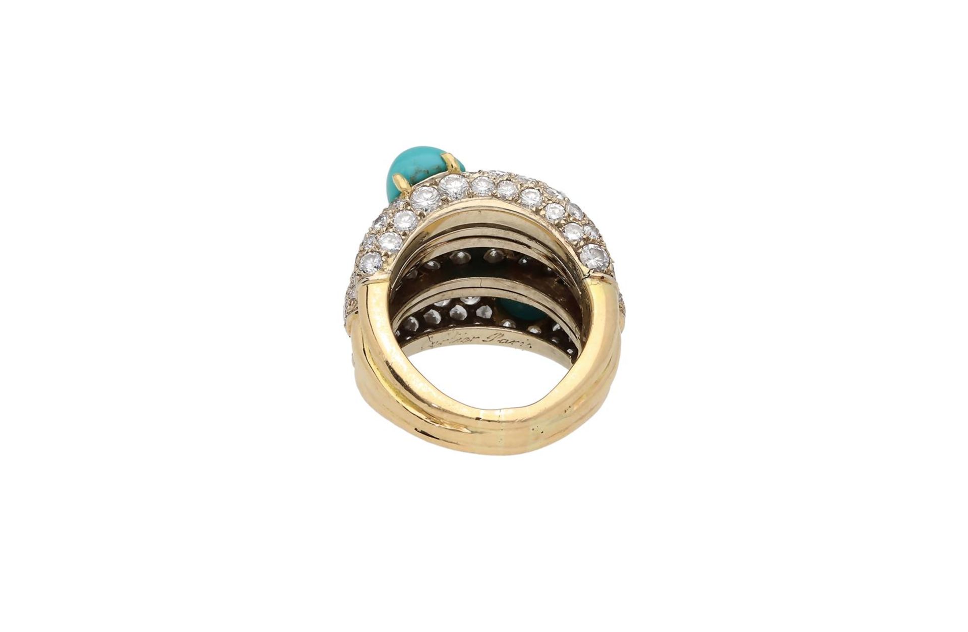 An 18-kt gold ring, set with three turqouise cabochons, and brilliant cut diamonds, in total approx. - Image 3 of 4