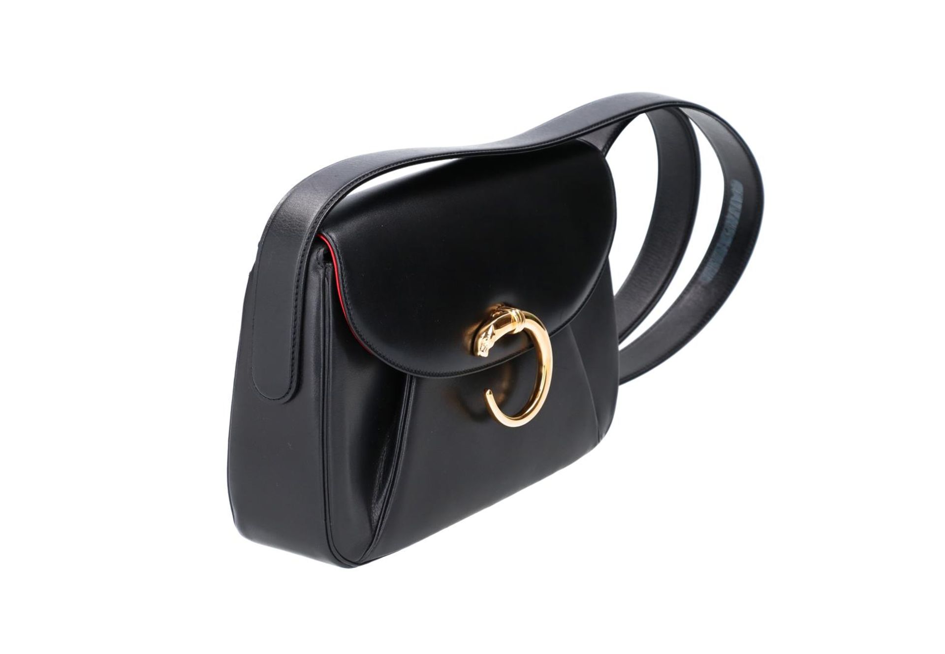Cartier, black leather handbag, 'Panthere', with red leather interior and wallet. H x W x D: 19 x 28 - Image 3 of 6
