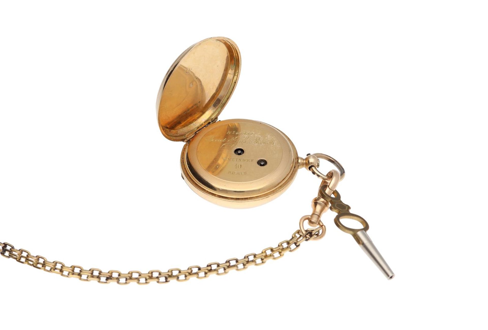 A 14-kt gold ladies remontoir pocket watch on a gold chain, Peret et fils, the engraved case with mo - Image 9 of 9