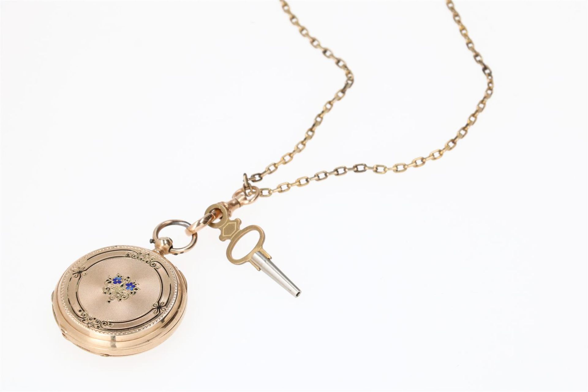 A 14-kt gold ladies remontoir pocket watch on a gold chain, Peret et fils, the engraved case with mo - Image 4 of 9