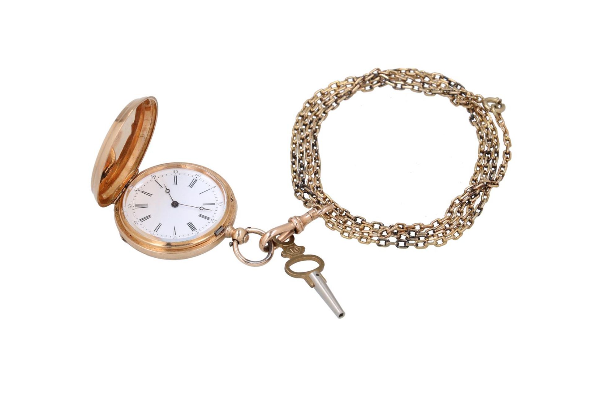 A 14-kt gold ladies remontoir pocket watch on a gold chain, Peret et fils, the engraved case with mo