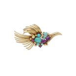 A 14-kt 'bird' brooch, set with treated turquoise and amethyst cabochons. H x W: 3.5 x 6.5 cm. Total