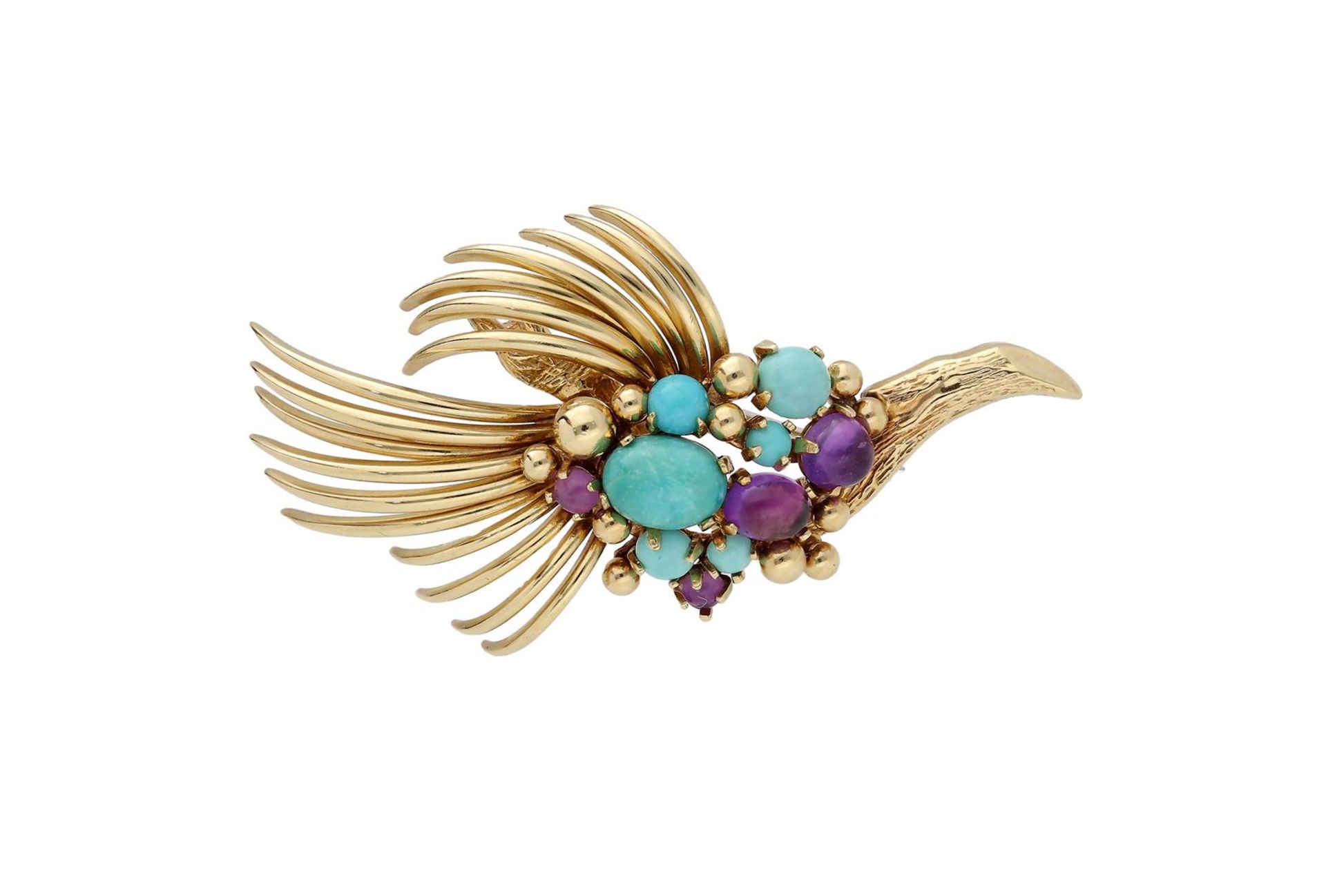 A 14-kt 'bird' brooch, set with treated turquoise and amethyst cabochons.
H x W: 3.5 x 6.5 cm. Total