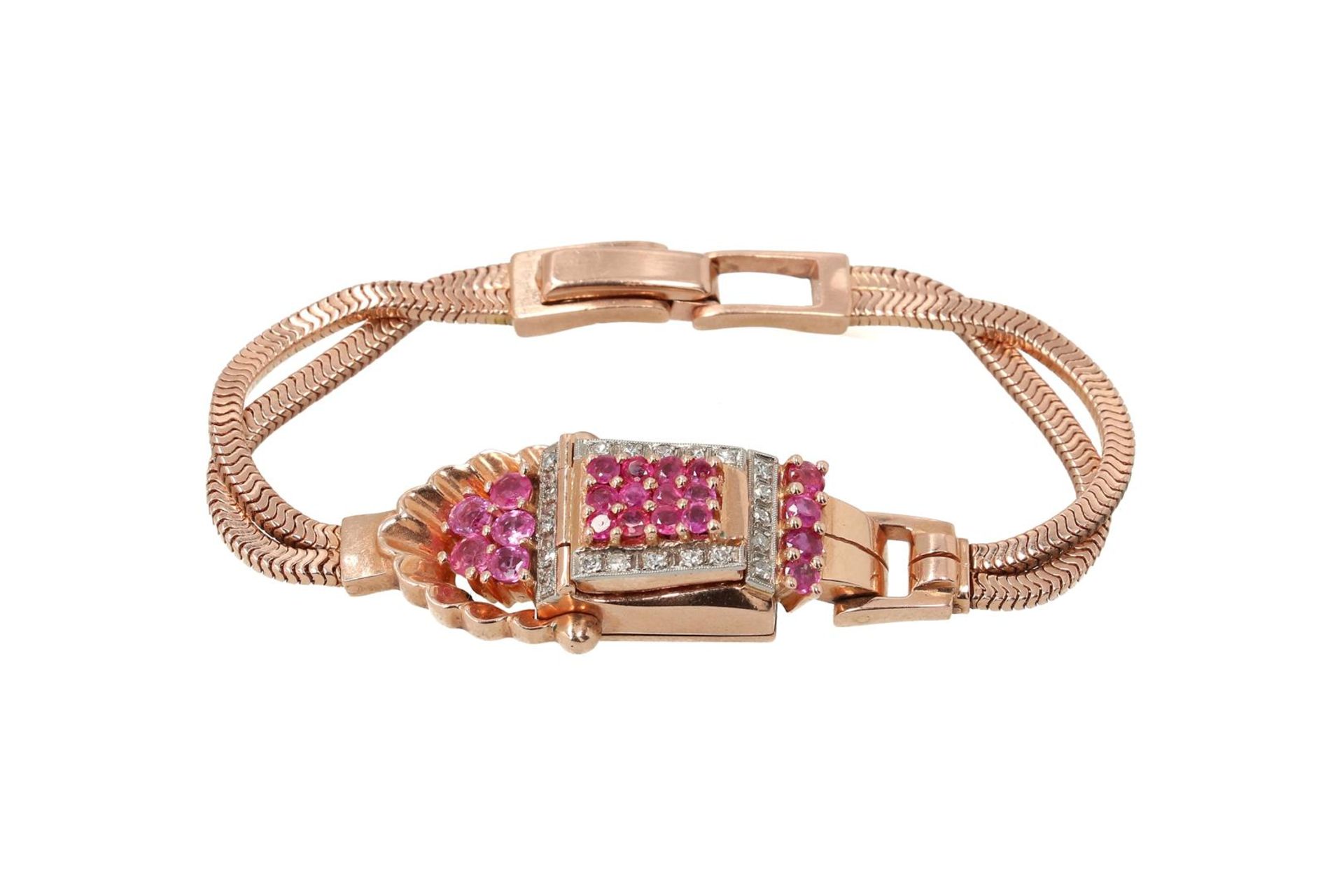 A Lucerne retro 14-kt rose and white gold ladies cocktail watch, set with pink sapphires, in total a