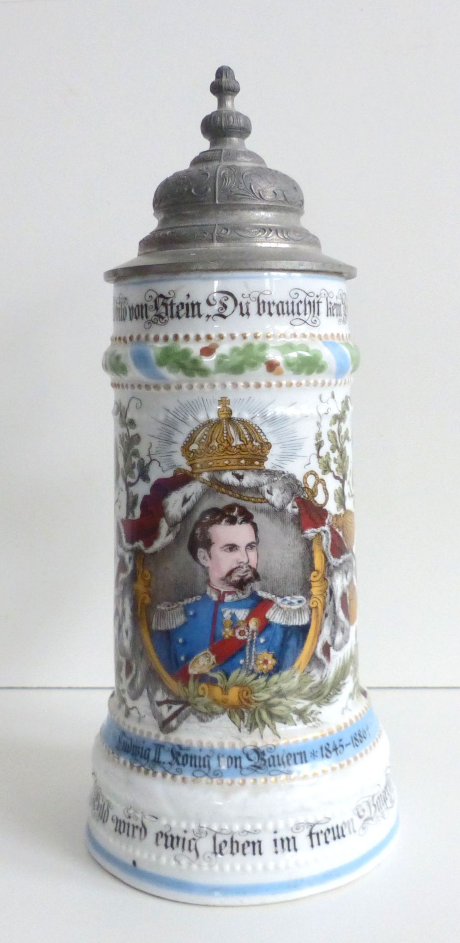 Ludwig II. Bierkrug mit Zinndeckel König von Bayern 1845-1886, Lithophanie am Boden, H=27 cm I-II