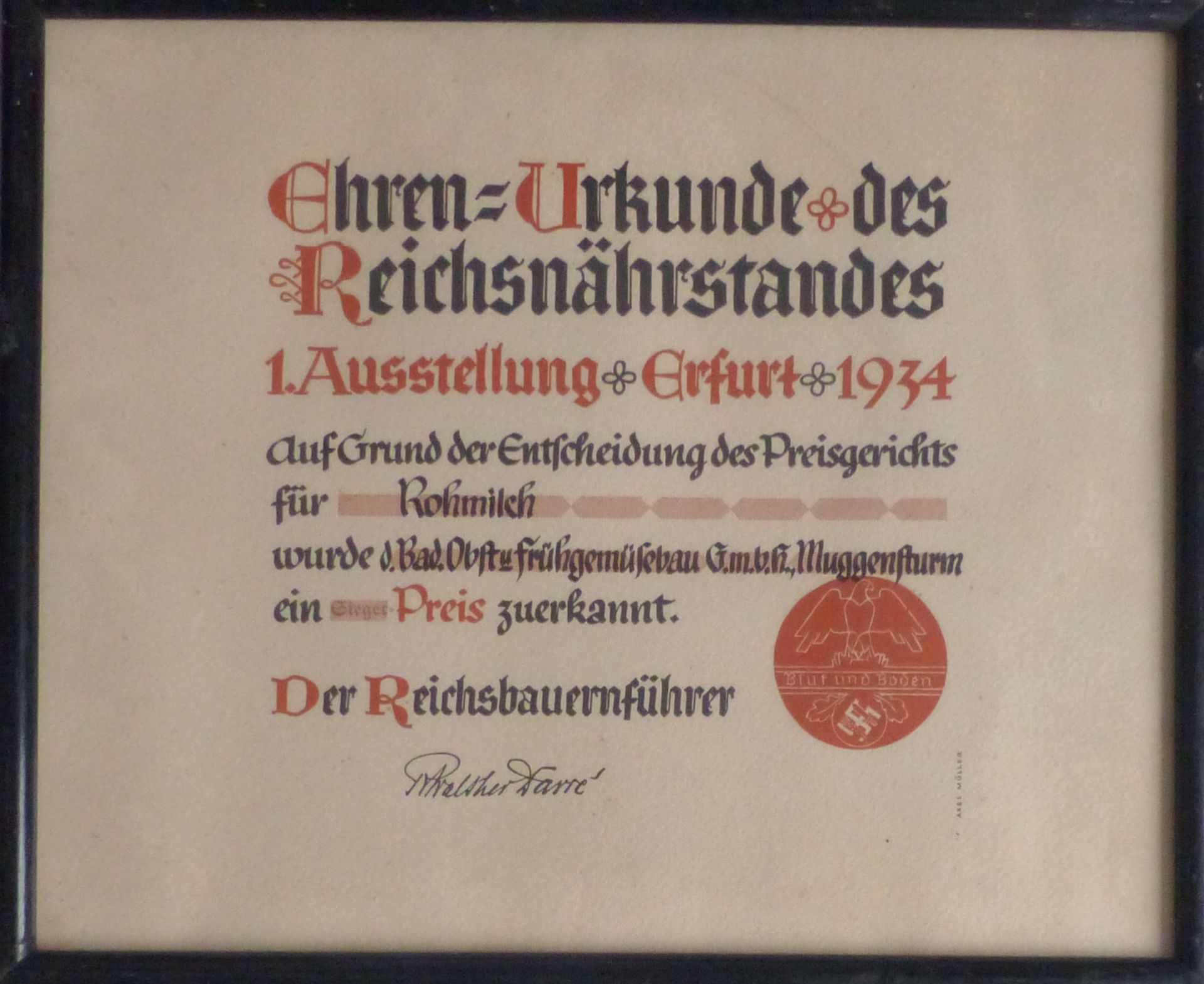 WK II Erfurt 1934 Ehren-Urkunde (im Rahmen) des Reichsnährstandes für Rohmilch (36 x 30,5 mm)
