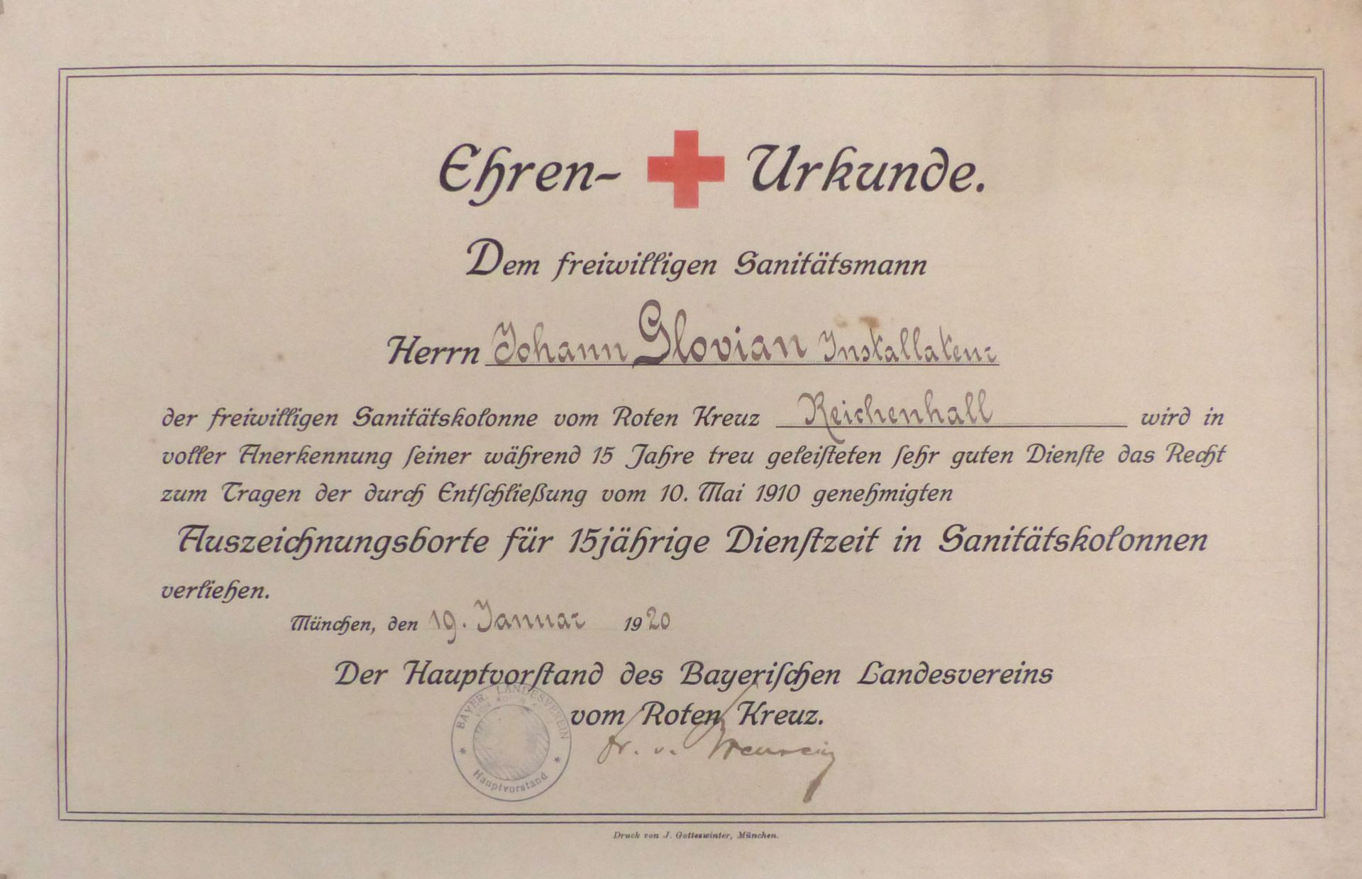 Rotes Kreuz Ehren-Urkunde (26x40 cm) München 1920 II