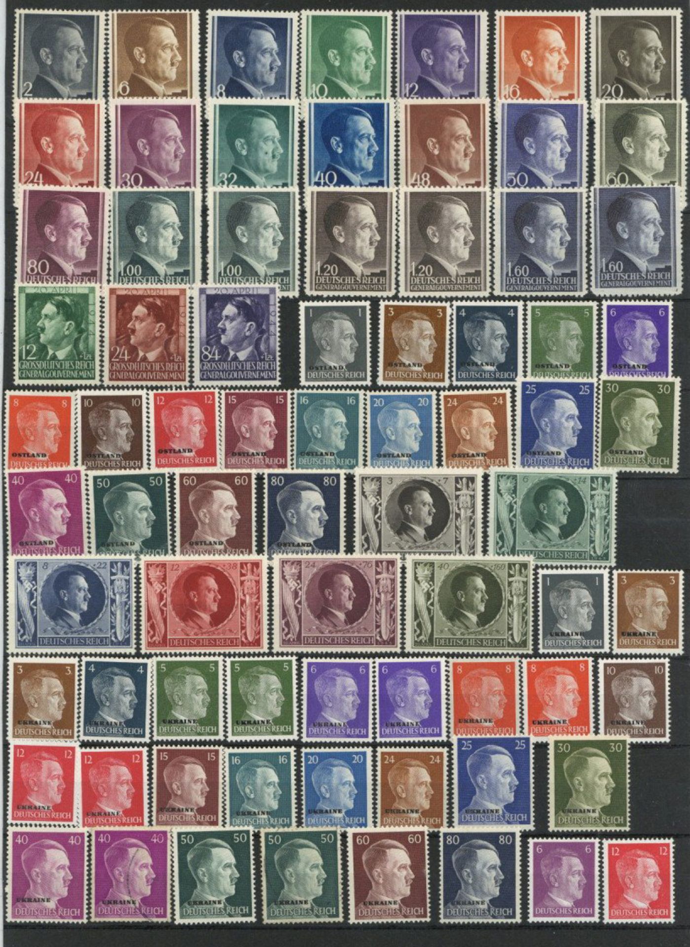 Hitler, Adolf; Steckkarte mit Briefmarken 3. Reich mit Porträt von A.H., dabei kpl. Ausgaben,