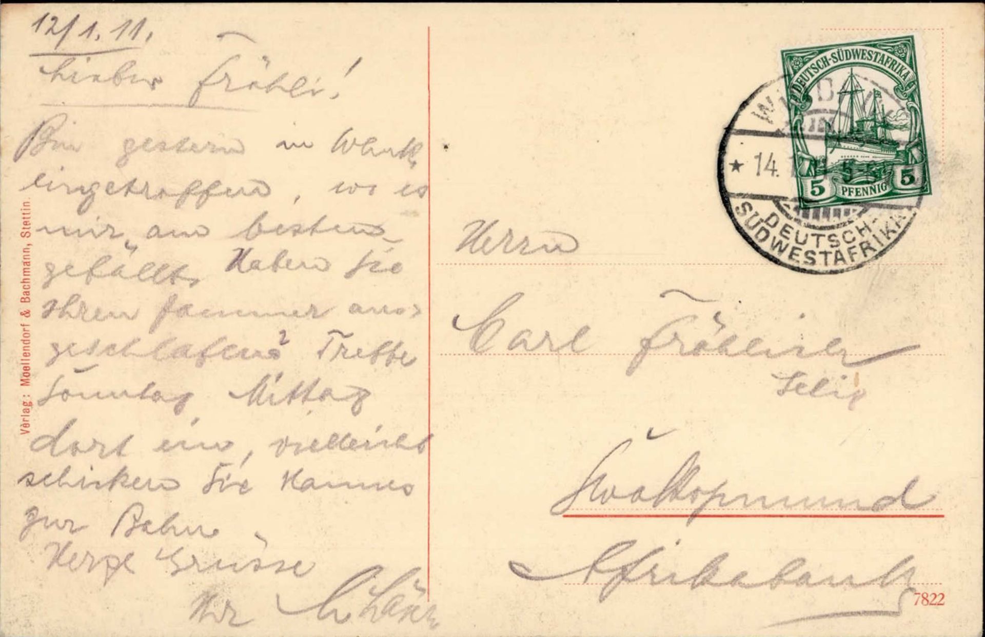 Kolonien Deutsch-Südwestafrika Windhuk 14.1.1911 nach Swakopmund I-II