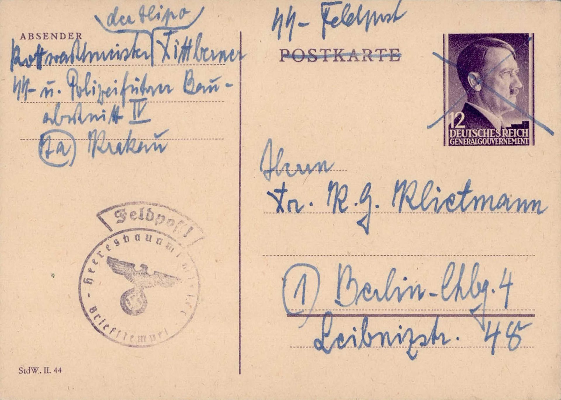FELDPOST WK II - General-Gouvernement-GSK als SS-Feldpostkarte SS- u.Polizeiführer KRAKAU 1944 I-II