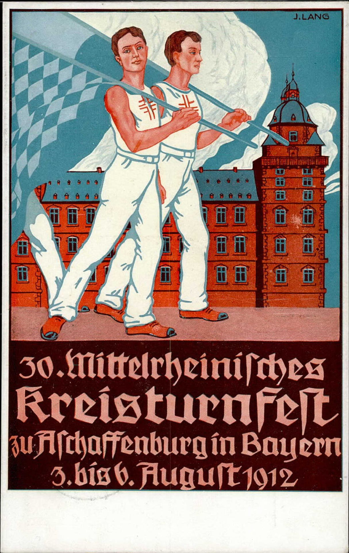 ASCHAFFENBURG - 30. Mittelrheinisches KREISTURNFEST 1912 Künstlerlitho sign. J.Lang Festpostkarte