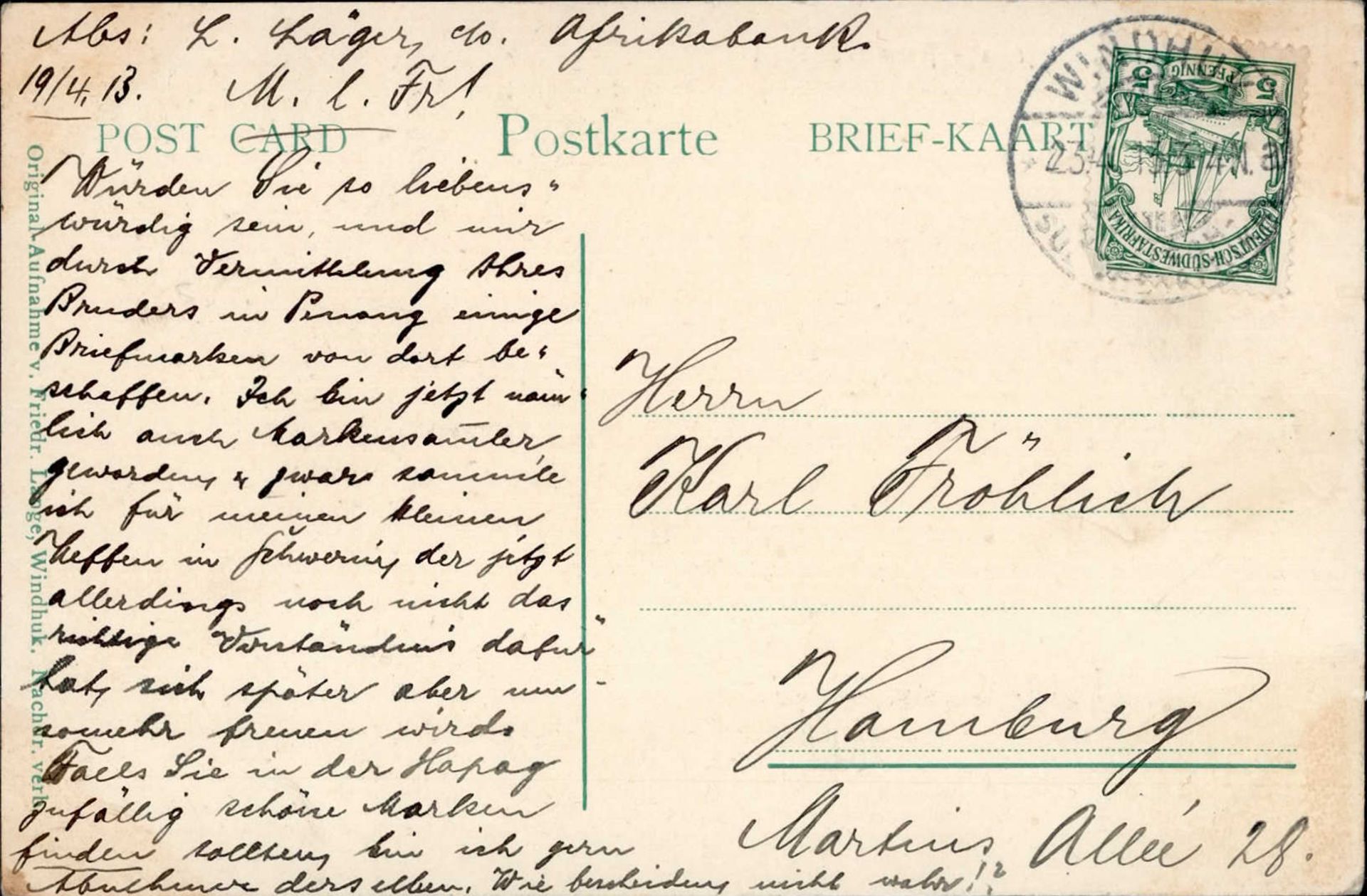 Kolonien Deutsch-Südwestafrika Windhuk 23.4.1913 nach Hamburg I-II