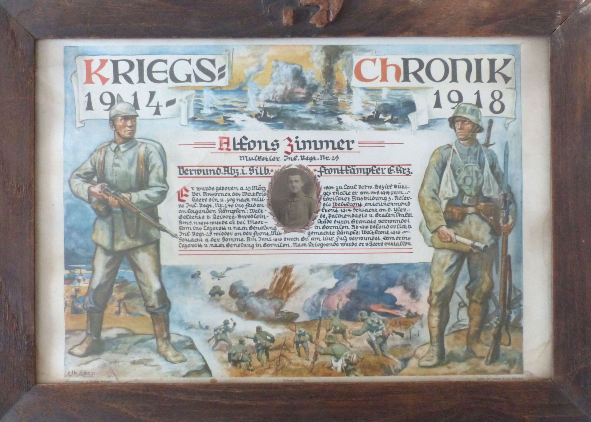 WK I Kriegs-Chronik eines Musketiers des IR Nr. 25 gerahmt Rahmeninnenmaß ca. 32x47cm