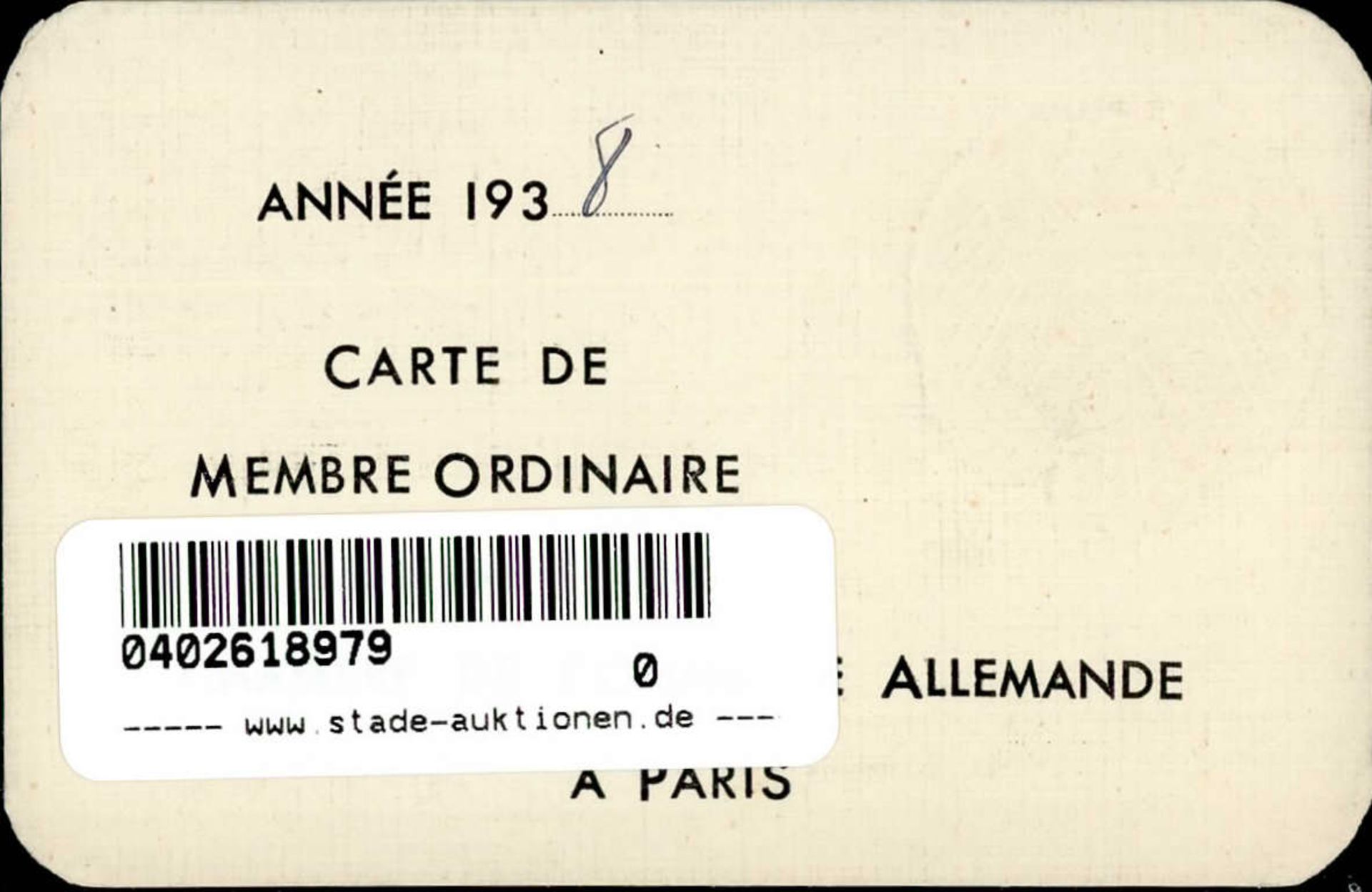 WK II Dokumente Mitgliedsausweis Deutsche Handelskammer in Paris 1938 ca. 7x10cm - Bild 2 aus 2