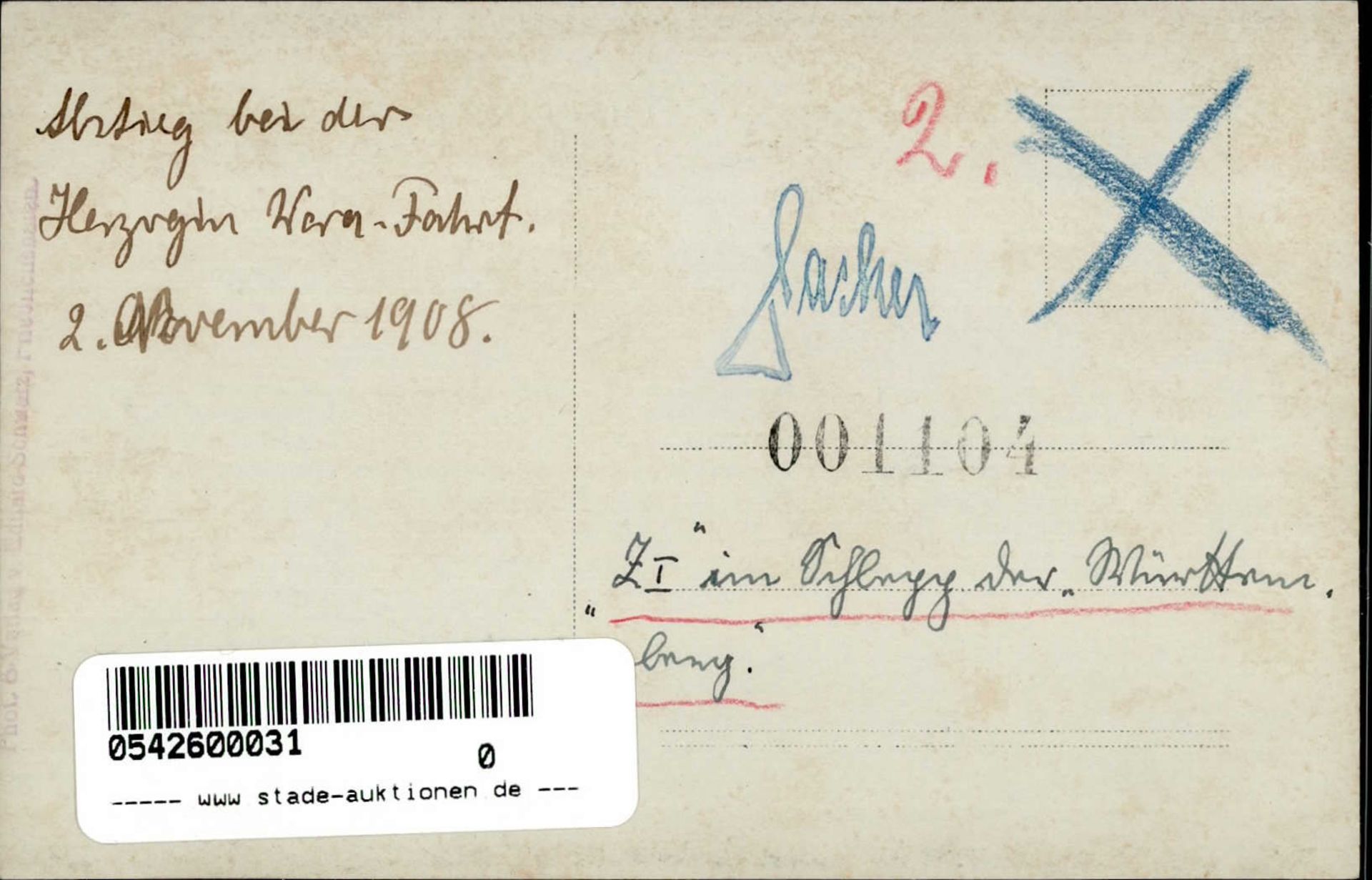 Zeppelin Abstieg bei der Herzogin Wera-Fahrt 2. Nov. 1908 Rückseite gestpl. Hacker ( - Bild 2 aus 2