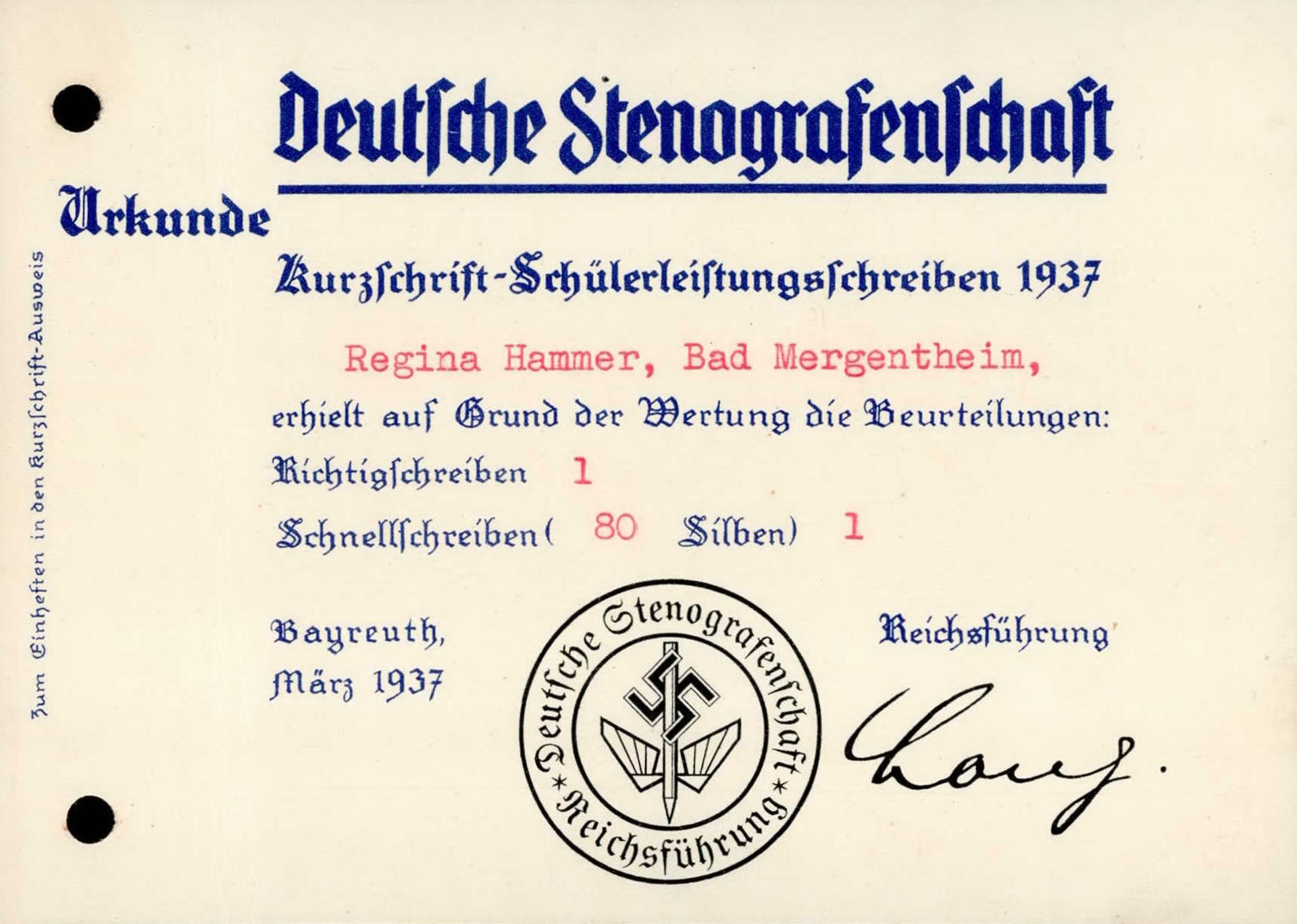 WK II Deutsche Stenografenschaft Urkunde Kurzschrift-Schülerleistungsschreiben 1937 II (gelocht,