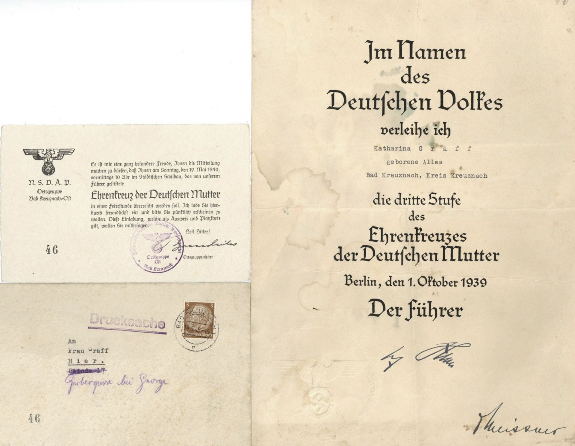 Verleihungsurkunde Ehrenkreuz der Deutschen Mutter 3. Stufe 1. Oktober 1939 sign. Hitler, Adolf