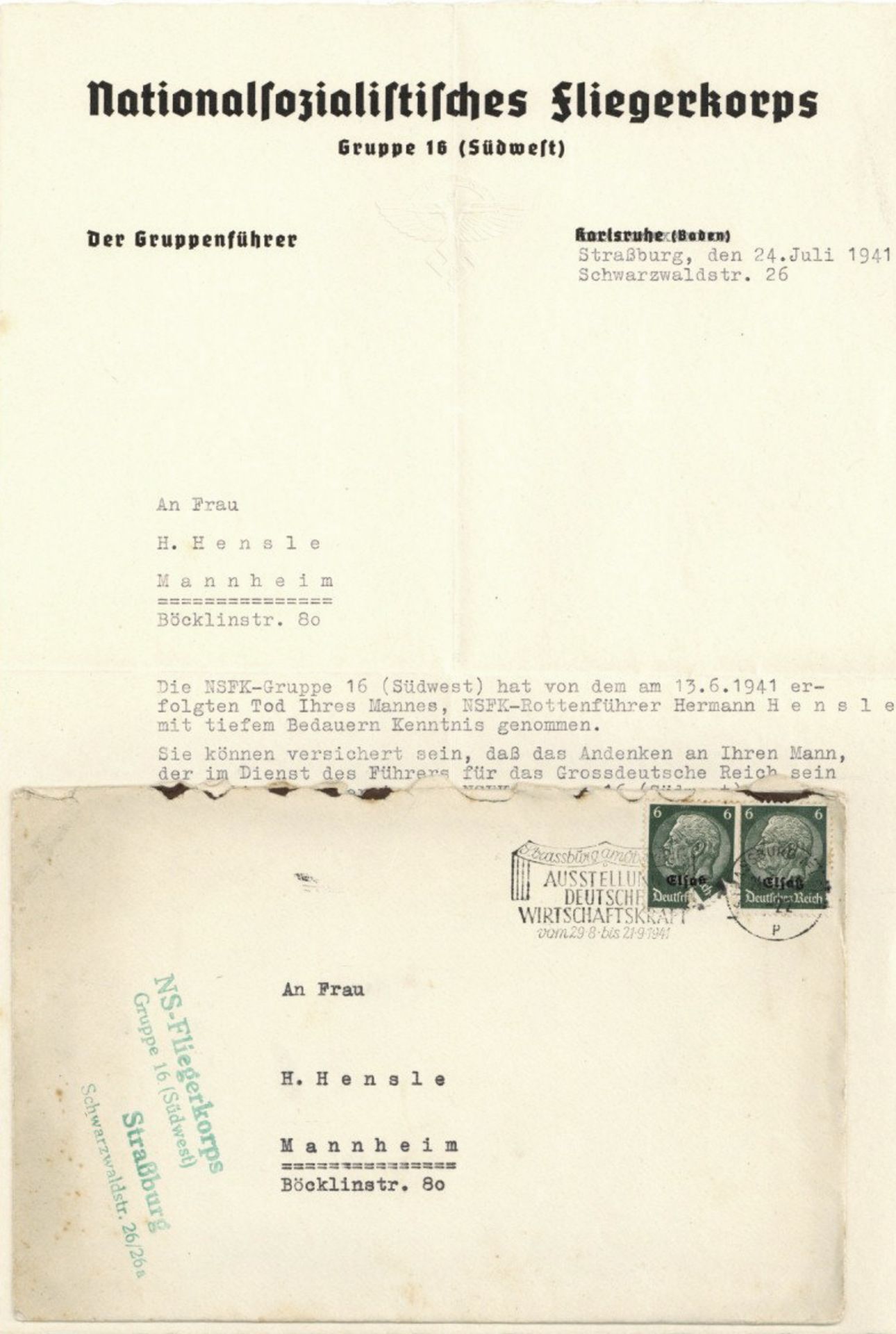 WK II Dokumente Beileids-Schreiben der NSFK-Gruppe 16 an Ehefrau inkl. Briefumschlag II