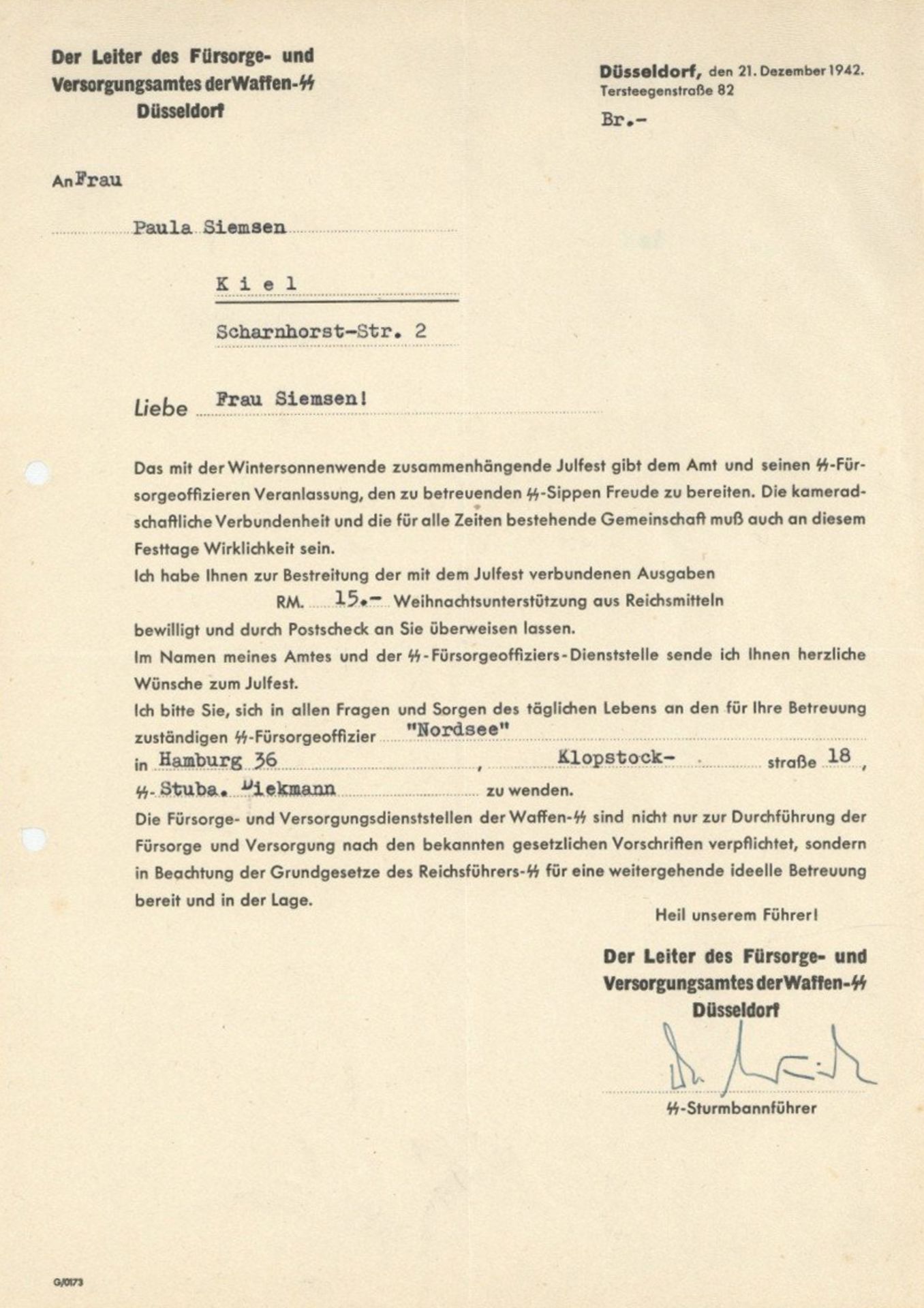 SS Dokument Briefinhalt von der Fürsorge und Versorgungsamtes der Waffen-SS über