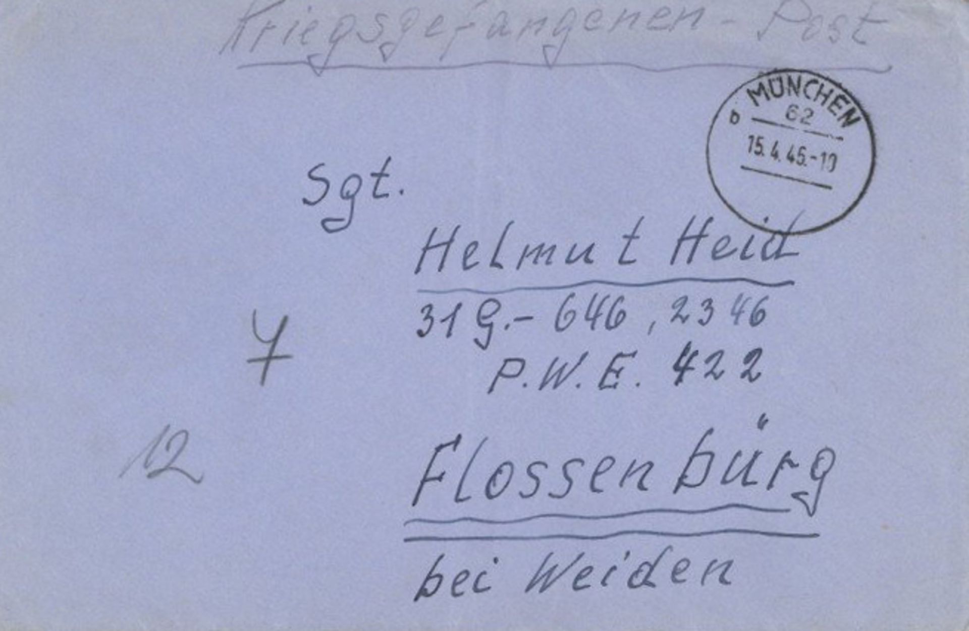 Kriegsgefangenenpost WK II vom 14./15. April 1946 von München in das ehemalige KZ Flossenbürg, Brief
