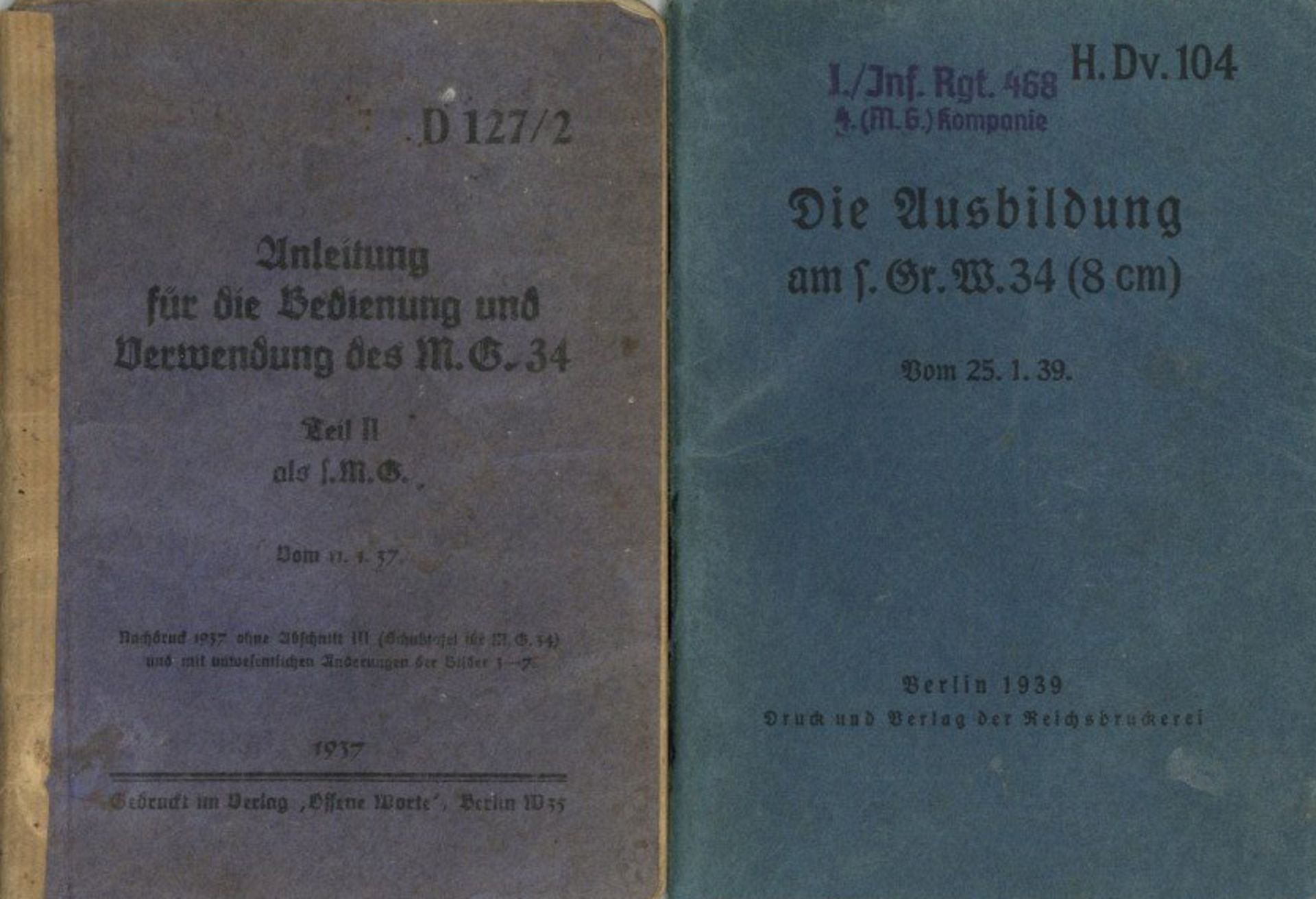 WK II Dokumente 2 Hefte Anleitung für die Bedienung und Verwendung des MG 34 II