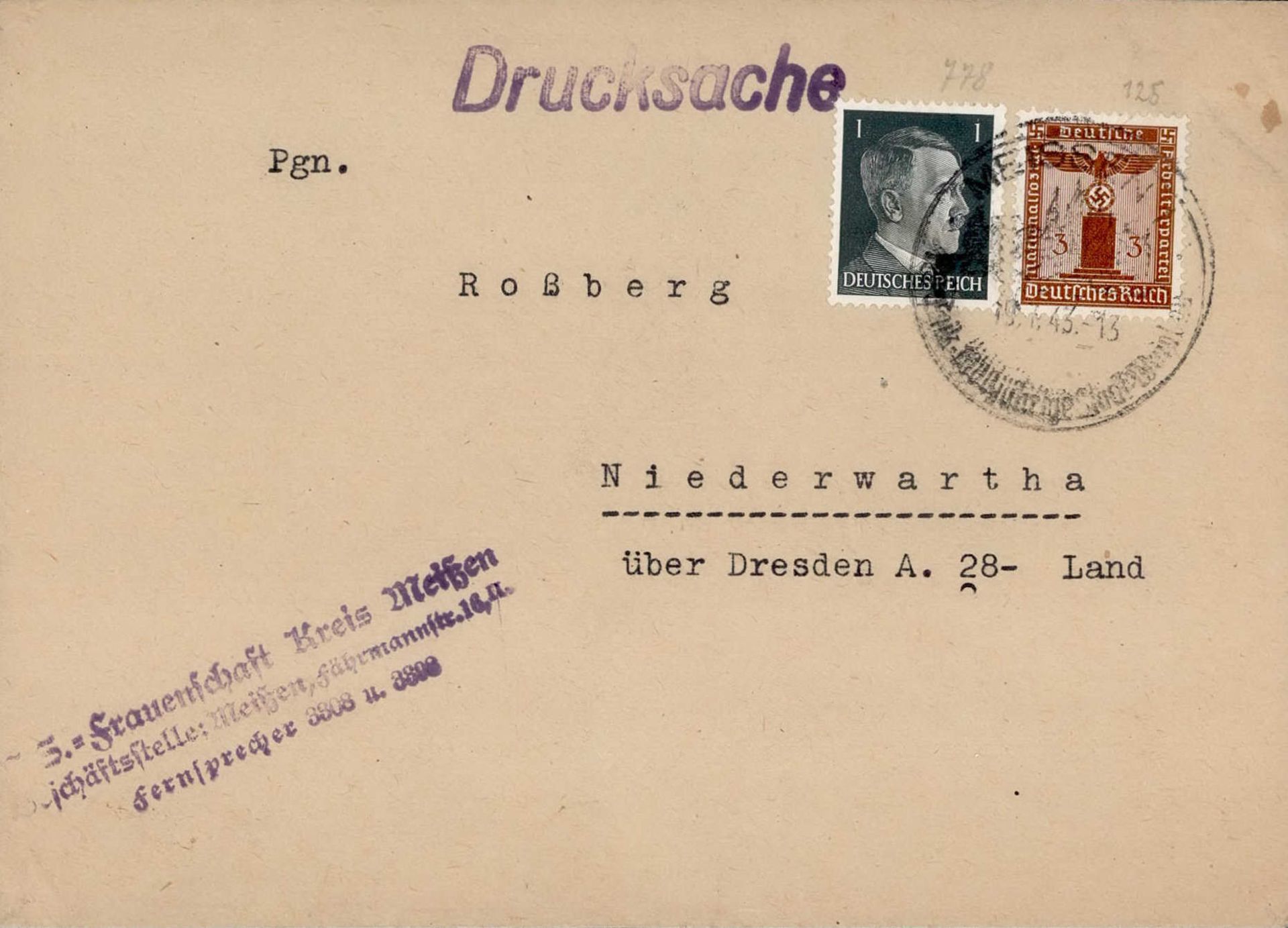 NSDAP NS-Frauenschaft Dienstbrief Drucksache mit Partei-Dienstmarke in MiF, von Meißen nach