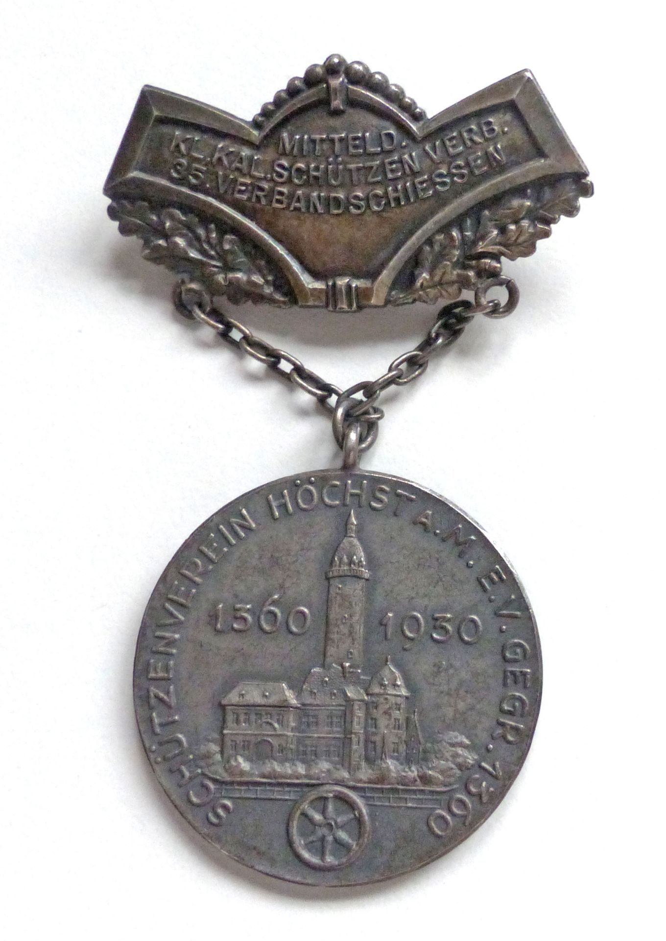 Schützen Höechst a. R. Verbandsschießen kl. Kaliber Schützen Plakette silber 1930 I-II