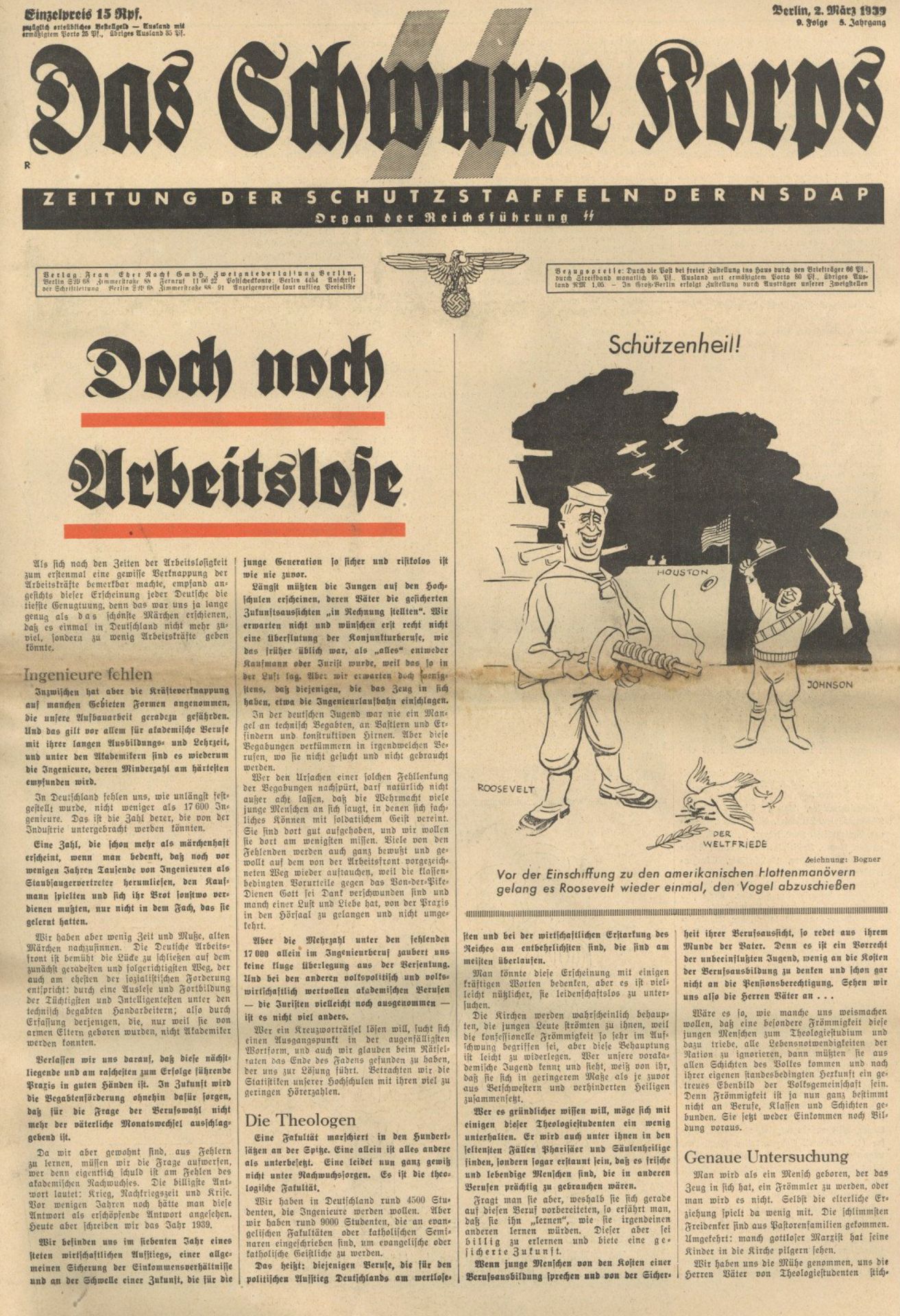 SS Zeitung Das Schwarze Korps 2. März 1939 9. Folge 5. Jahrgang II (starke Gebrauchsspuren)