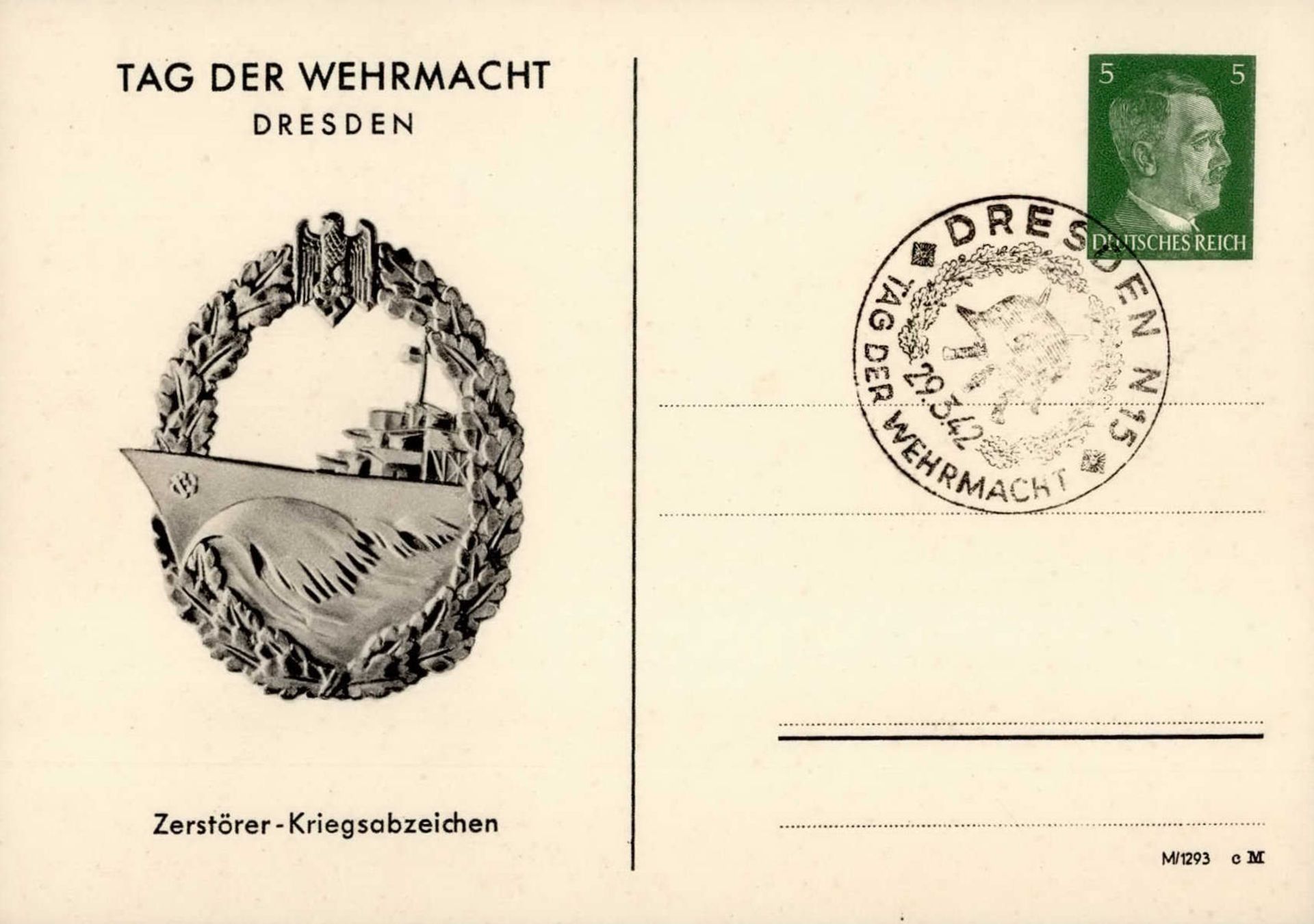 WK II WHW Dresden Zerstörer-Kriegsabzeichen Ganzsache I-