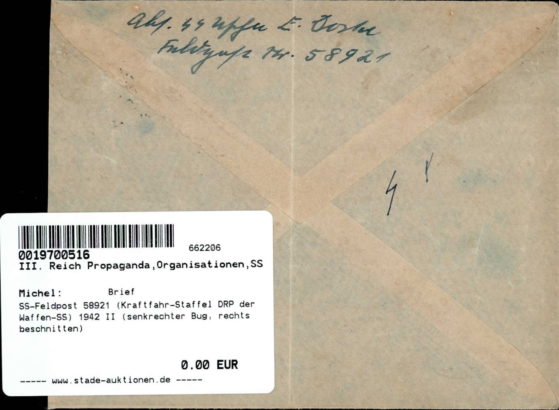 SS-Feldpost 58921 (Kraftfahr-Staffel DRP der Waffen-SS) 1942 II (senkrechter Bug, rechts - Image 2 of 2