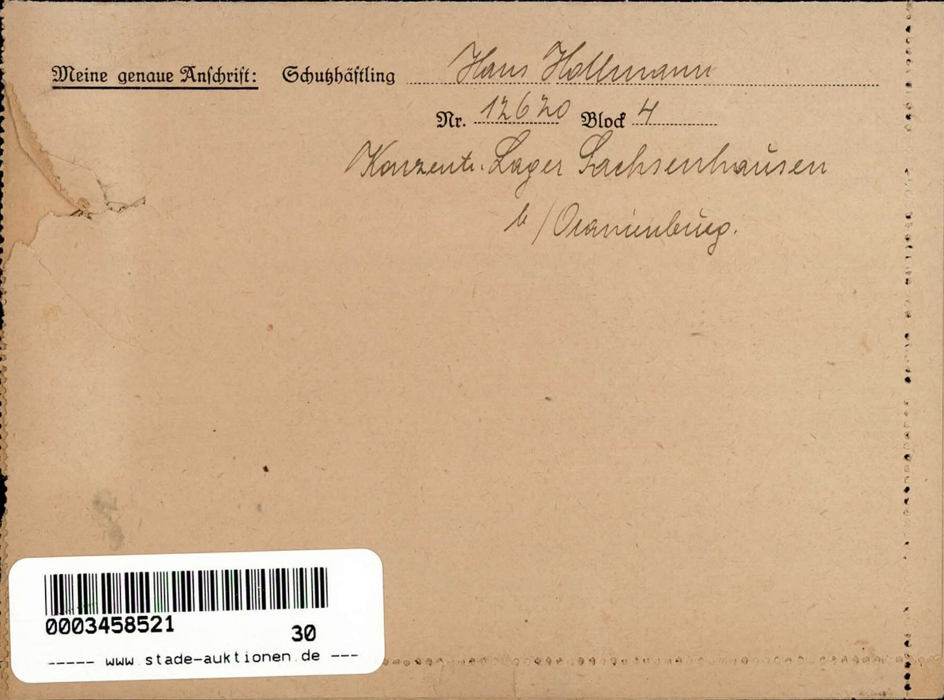 WK II KZ - Post Oranienburg II (gelocht, eingerissen) - Bild 2 aus 2