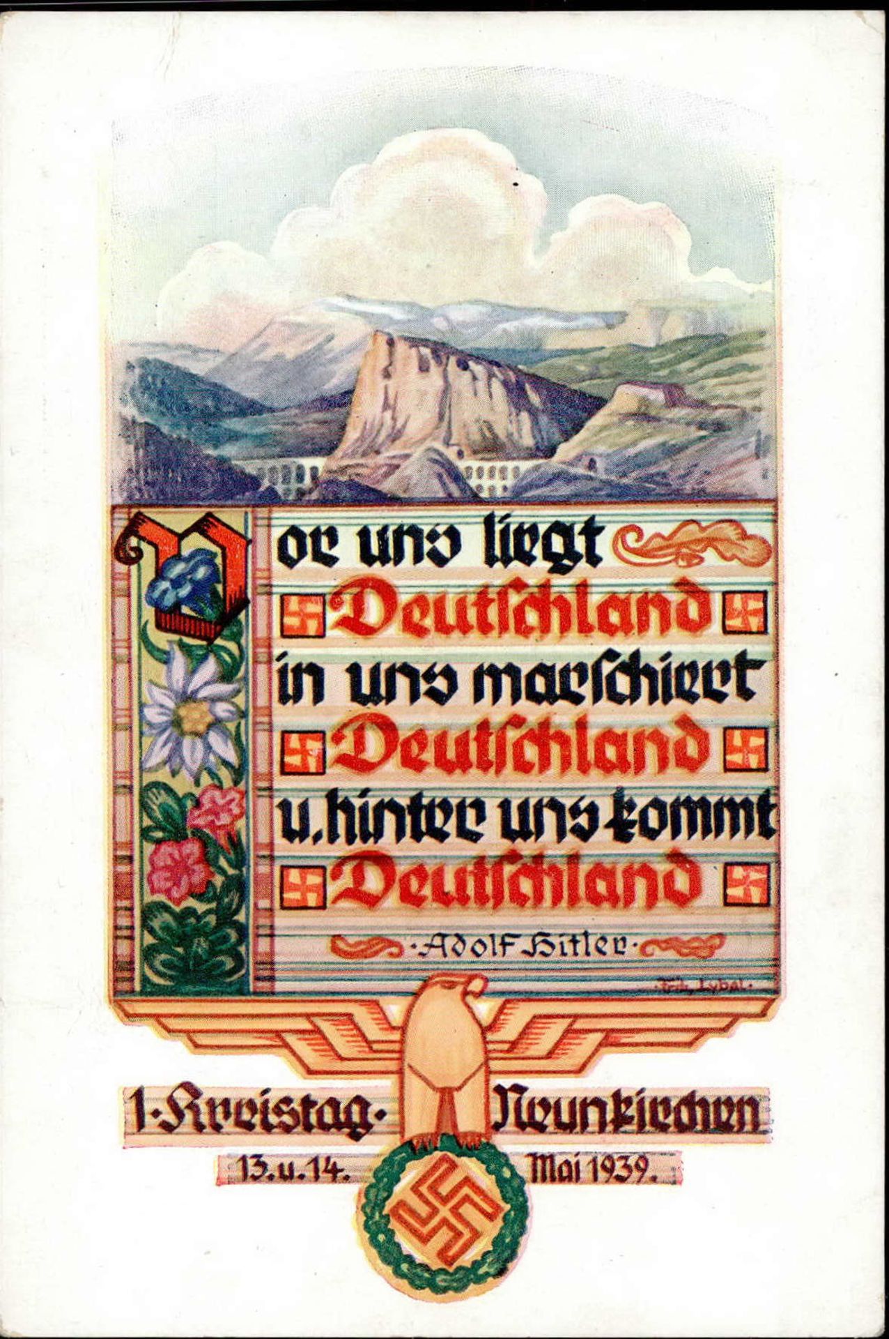 NEUNKIRCHEN,Österreich WK II - 1. NSDAP-KREISTAG 1939 Künstlerkarte sign. Lybal S-o 1 cm