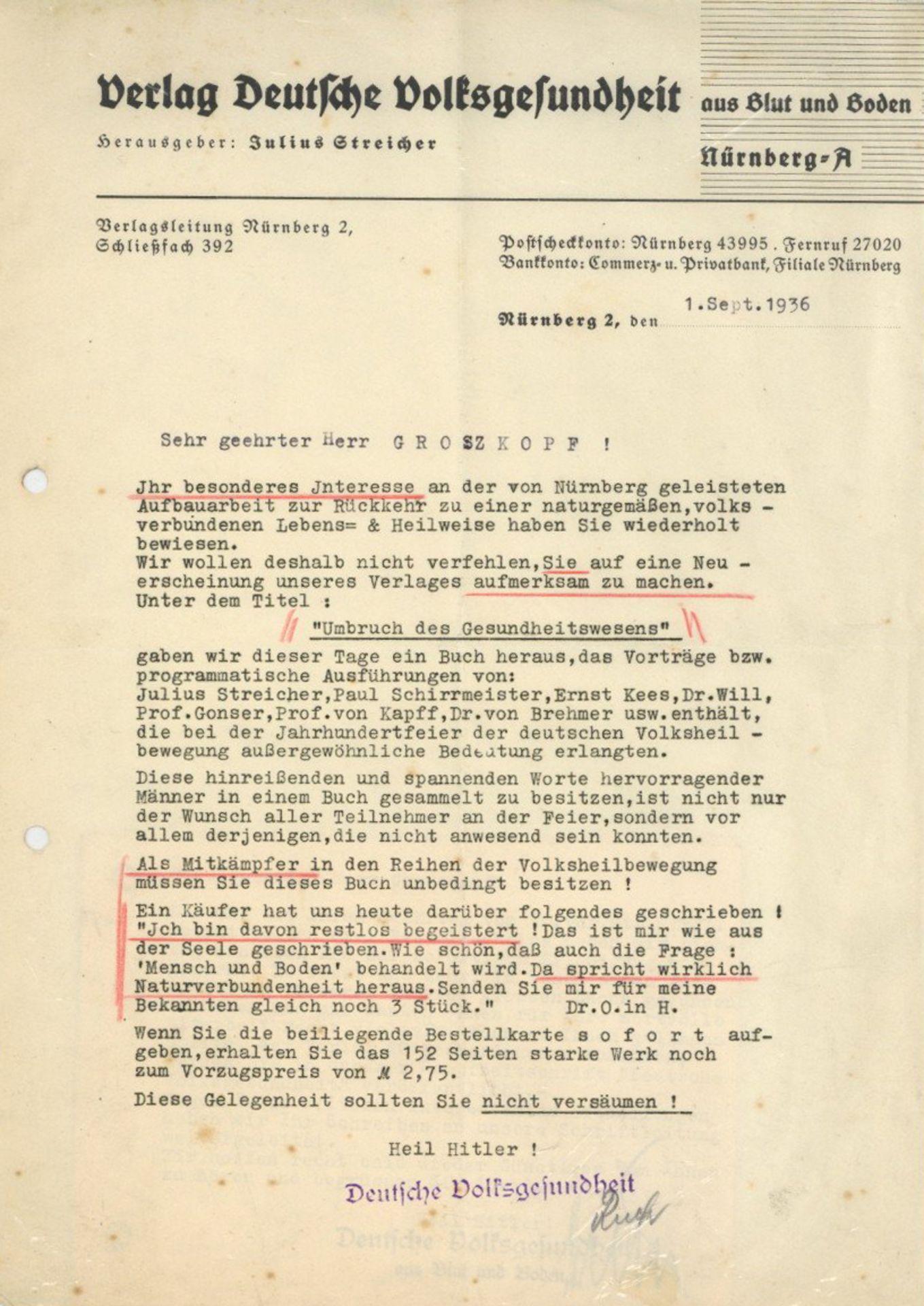 WK II Dokumente Schreiben vom Verlag Deutsche Volksgesundheit aus Blut und Boden Nürnberg 1936 II