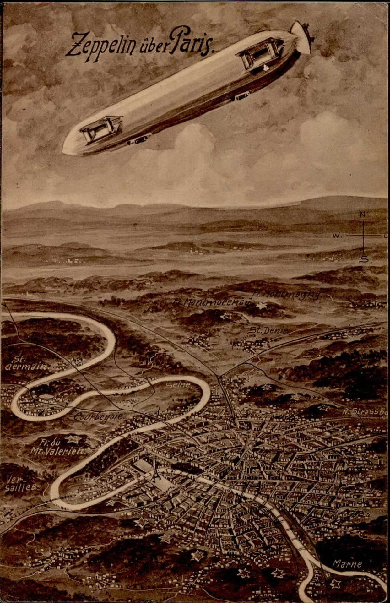 Zeppelin Paris Flug über die Stadt I-II
