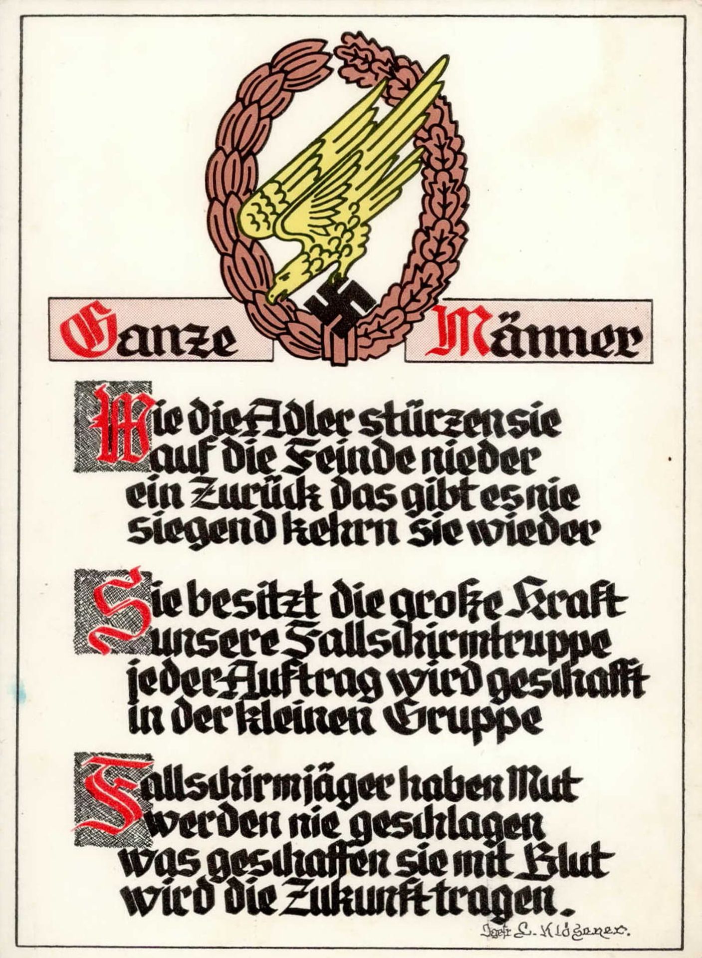 Propaganda WK II - seltene Propaganda-Liedkarte der FALLSCHIRMJÄGER - GANZE MÄNNER sign.