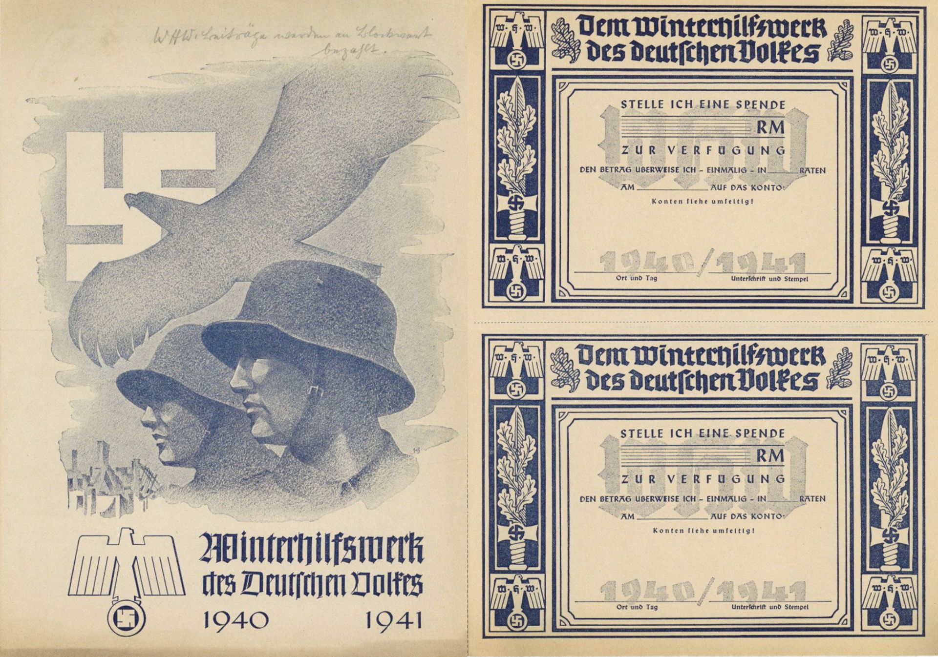 WHW 2 Zeichnungsscheine dem Winterhilfswerk des Deutschen Volkes 1940/41, 4-seitiges Faltblatt DIN